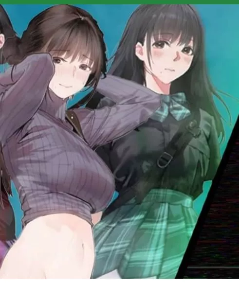 LF Color Source: 2girls, hands behind back ,turtleneck sweater ,sweating ,long hair ,black hair ,closed mouth ,mole under mouth ,school uniform ,green ribbon