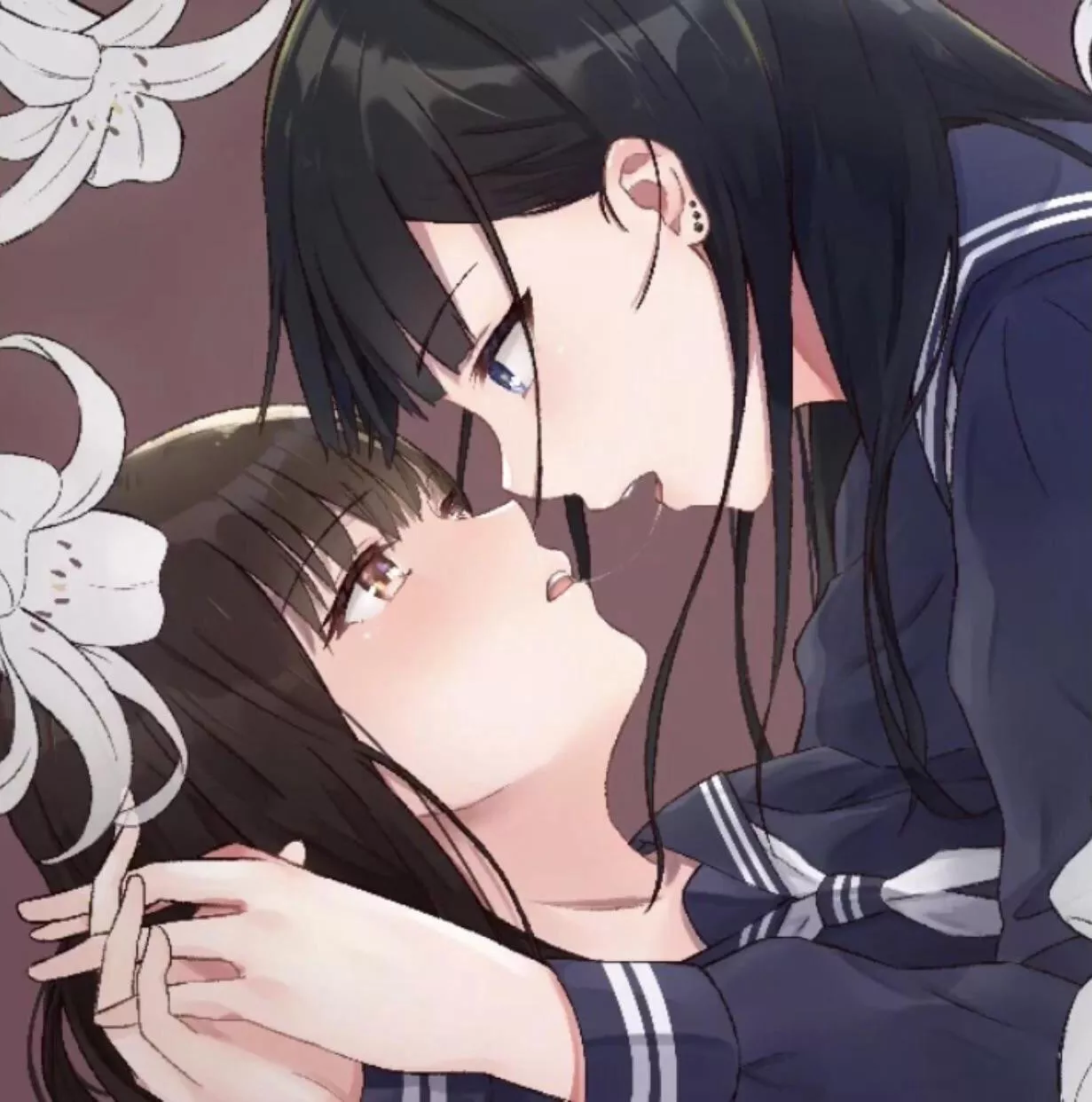 LF Color Source: 2girls, Yuri, Lesbians, Schoolgirls, Uniform, Brown Hair, Pink Eyes, Black Hair, Blue Eyes, Kissing, Saliva Trail, Blushing, White Tie, Hand Holding