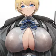 LF Color Source: Girl's Frontline, VSK-94, 1girl, blonde hair, blue eyes, wet clothes, large breasts, coat, open clothes, blue neckwear, short hair, bangs