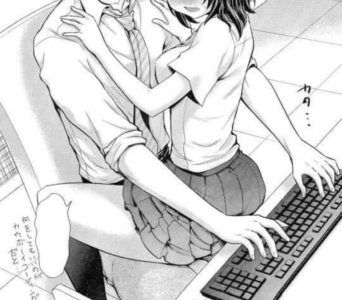 LF Mono Source: 1boy, 1girl, sitting on lap, shirt, necktie, short skirt, shocks, keyboard, short hair, blushing, thighs, foreign text