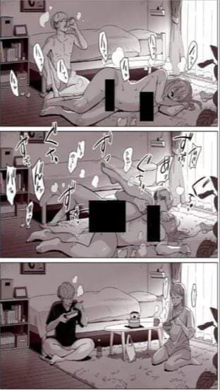 LF Mono Source: 1girl, 1boy, 3 frame, naked, bedroom, side sex position, japanese text, drinking, eating