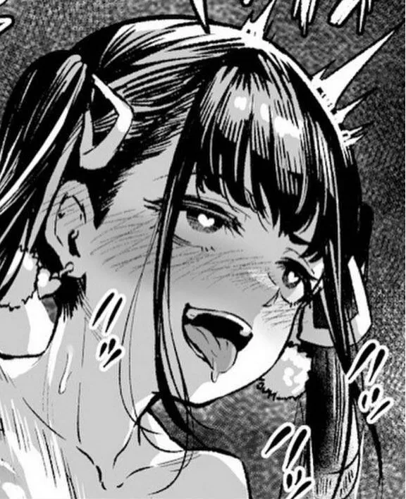 LF Mono Source: 1girl, short black hair, bangs, sidelocks, twintails, blush, open mouth, tongue out, upper teeth, collarbone, bare shoulders, heart-shaped/unusual pupils, heart design earrings, hair ribbon/ornament, ahegao, sweat, saliva/drool, face, clo