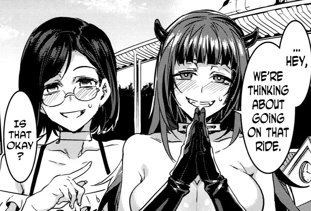 LF Mono Source: 2girls, short dark hair, blush, glasses, demon horns, gloves, choker necklace, big breasts, semi nude, arms covering breasts, â€œHey, weâ€™re thinking about going on that ride.â€, â€œIs that okay?â€