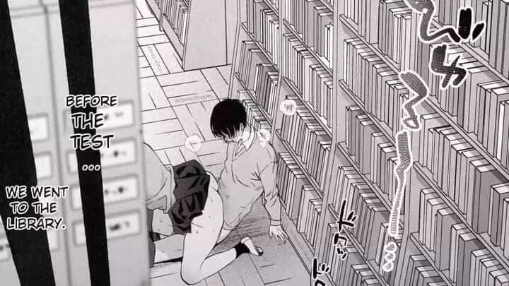 LF mono source: Before the test we went to the library, 1boy, 1girl, library, on the floor, public, school uniform, thighs