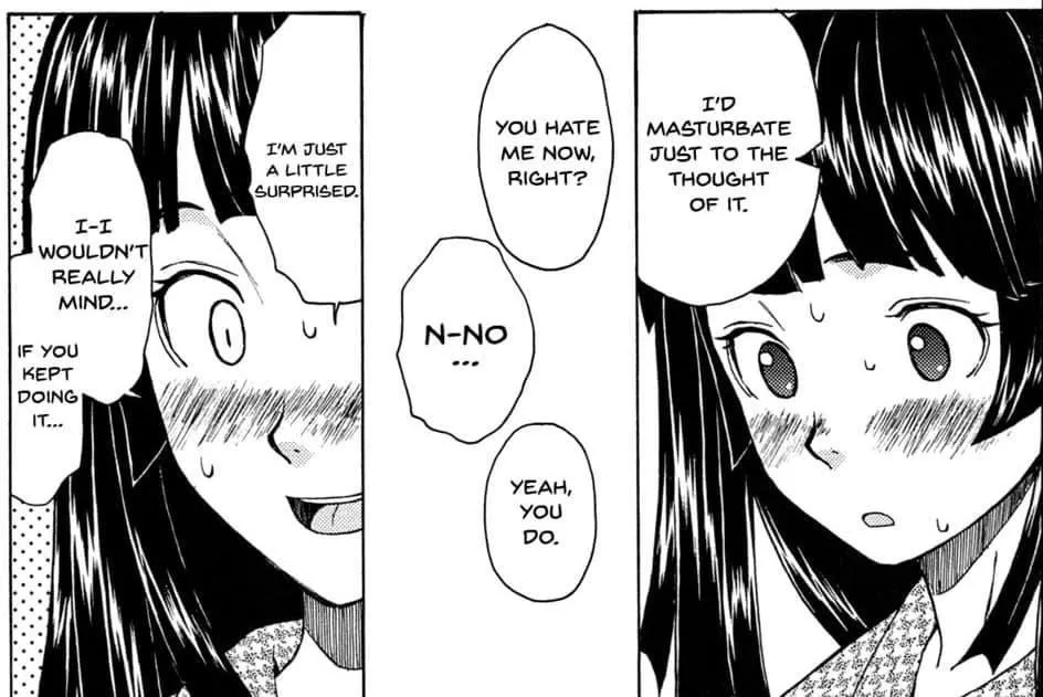 LF Mono Source: English text â€œIâ€™d masturbate just to the thought of it.â€ â€œYou hate me now, right?â€ â€œN-Noâ€ â€œYeah, you do.â€ â€œIâ€™m just a little surprised.â€ â€œI-I wouldnâ€™t really mind...if you kept doing it...â€, 1girl, Black hair