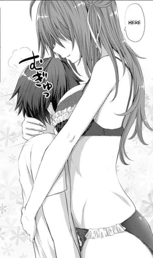 LF Mono Source: short guy, tall girl, long hair, hugging, lingerie, “here”