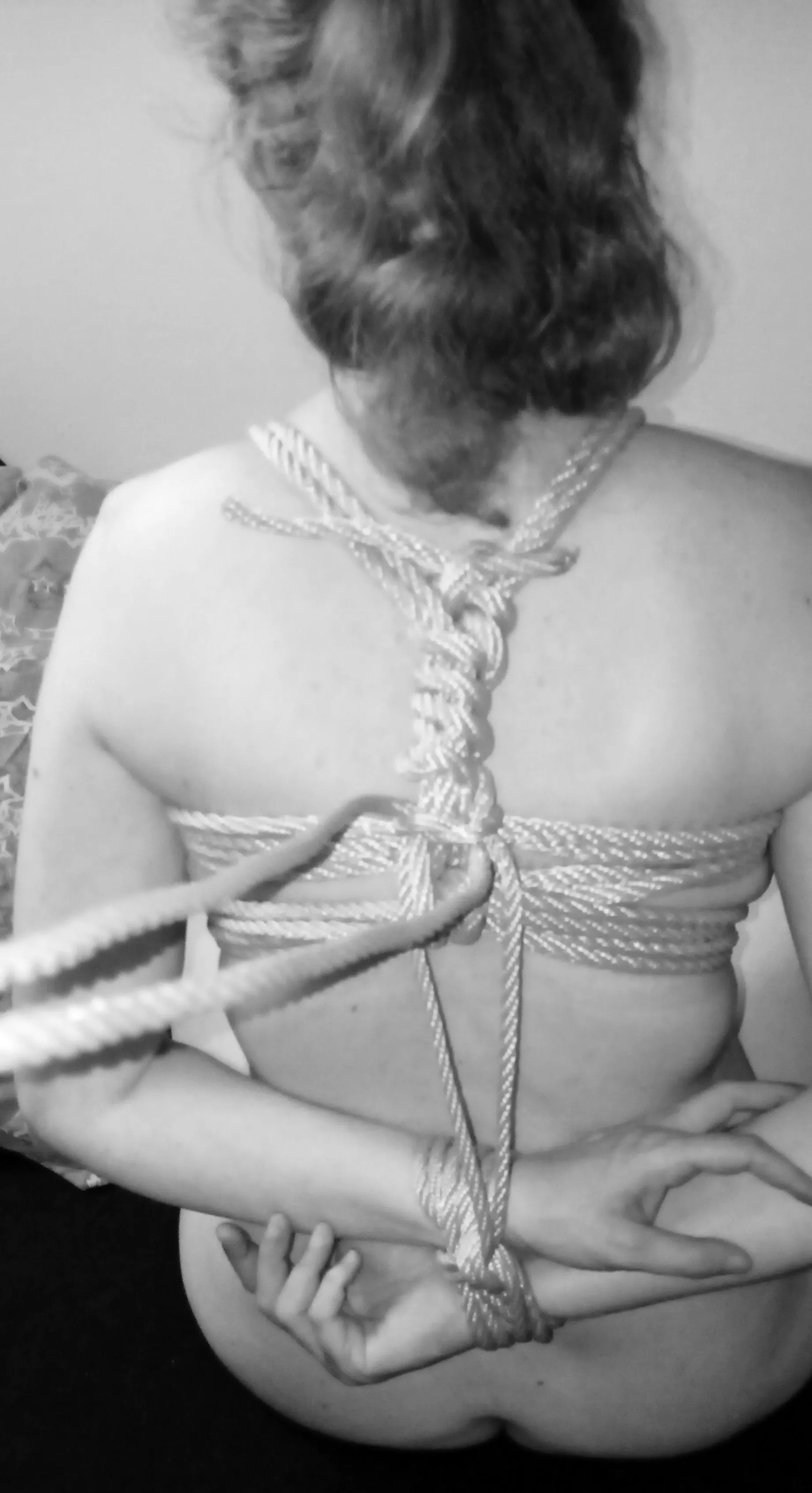 Love being tied up and helpless. This is the backside pic of the breast harness + tied hands.