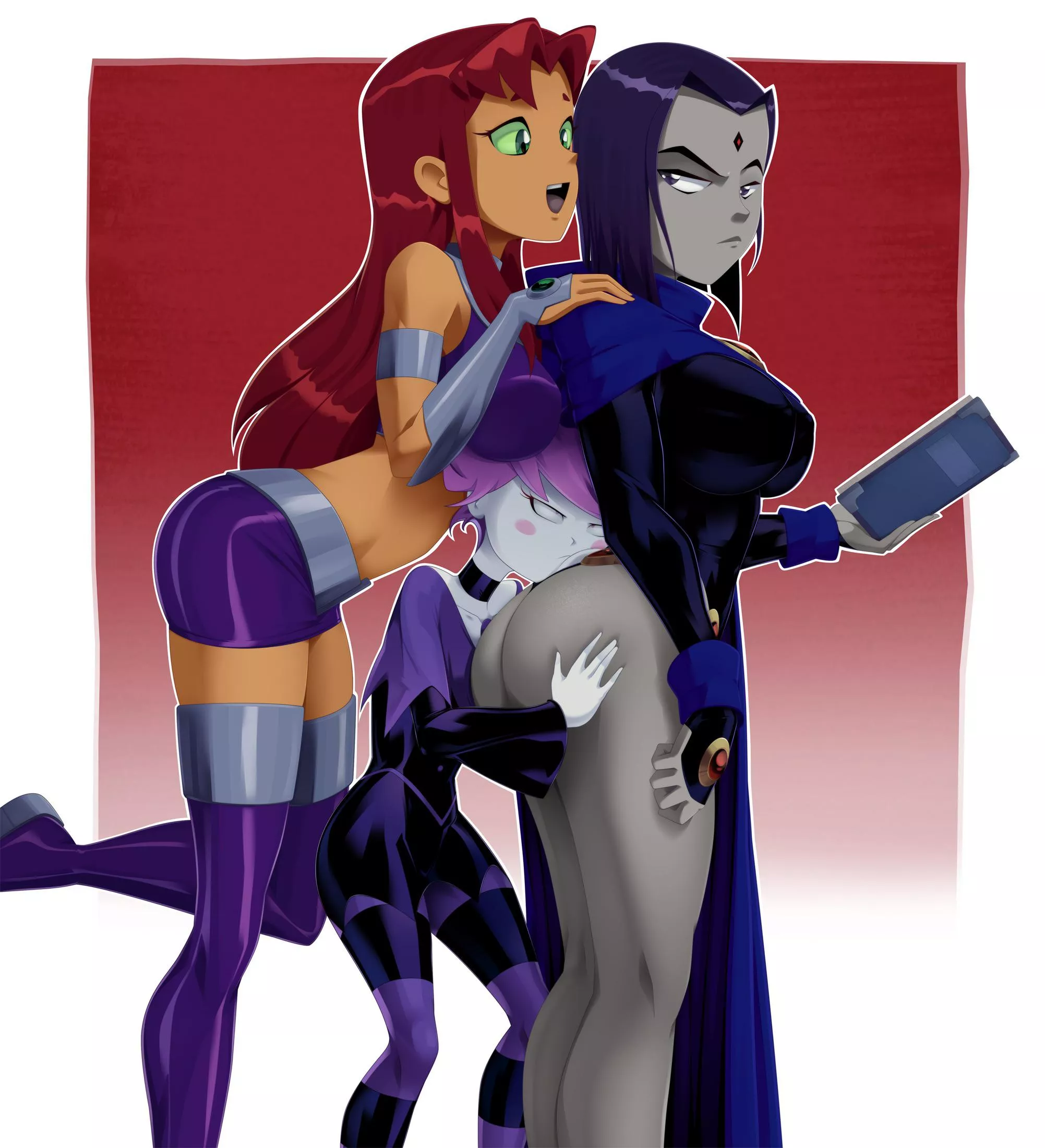 Lucky Jinx “trapped” between Starfire and Raven’s assets (Ravenravenraven)