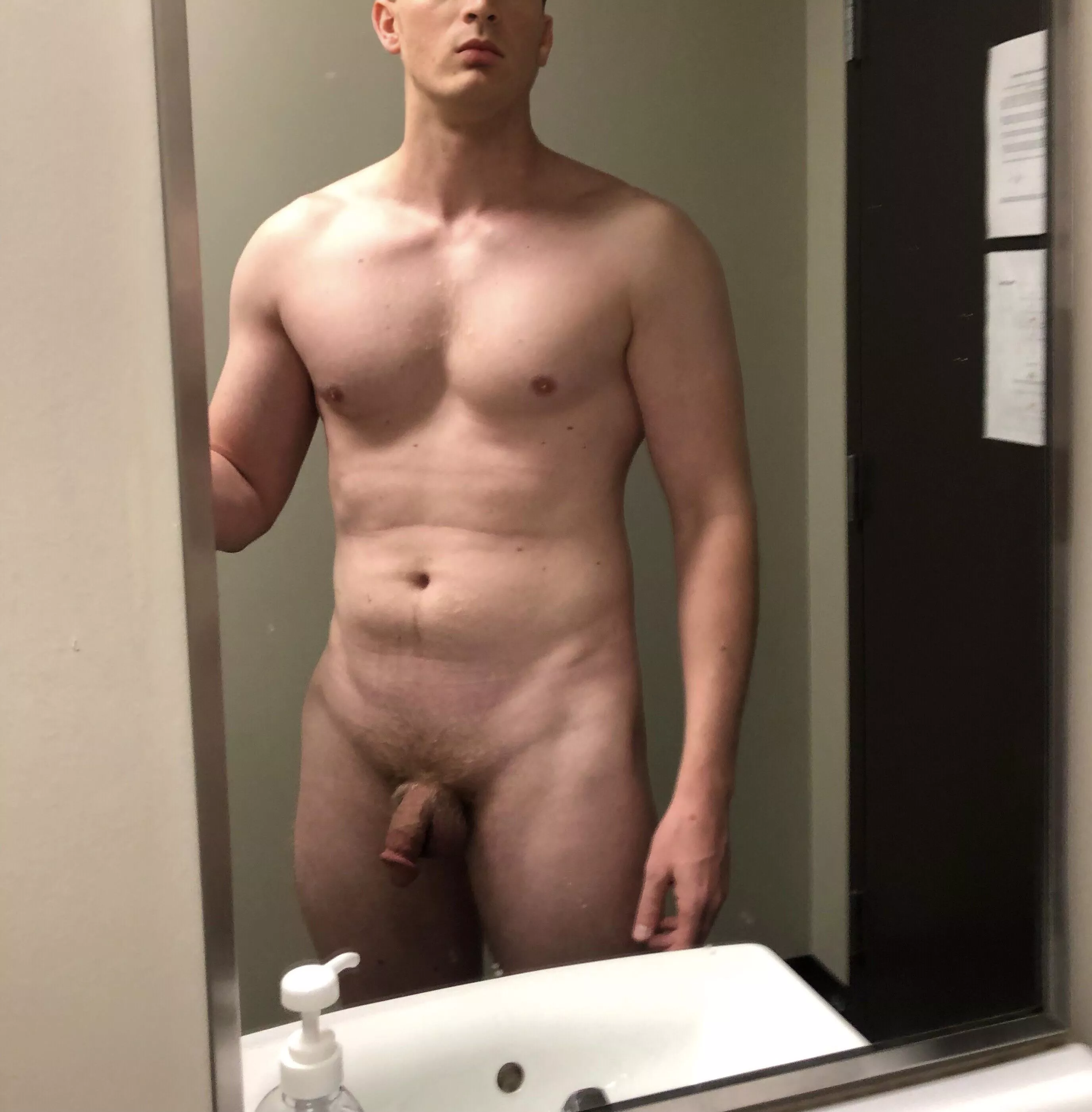 [M] 29 6’3” 205 normal nude from office bathroom. Those lines are because I am getting my winter belly 🤦‍♂️