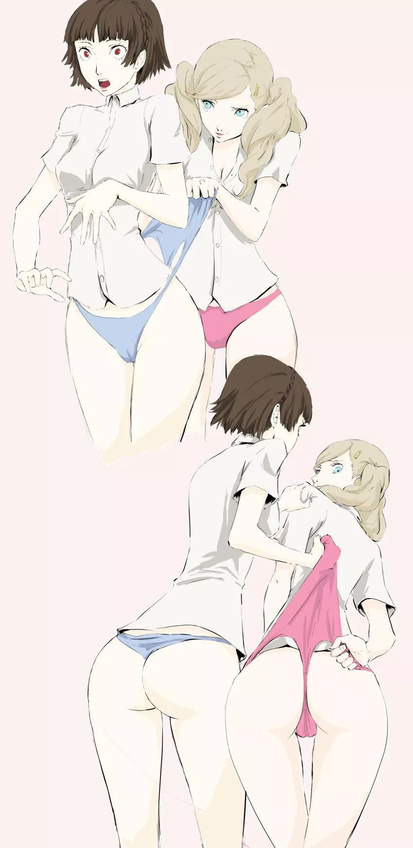 Makoto and Ann giving each other wedgies.