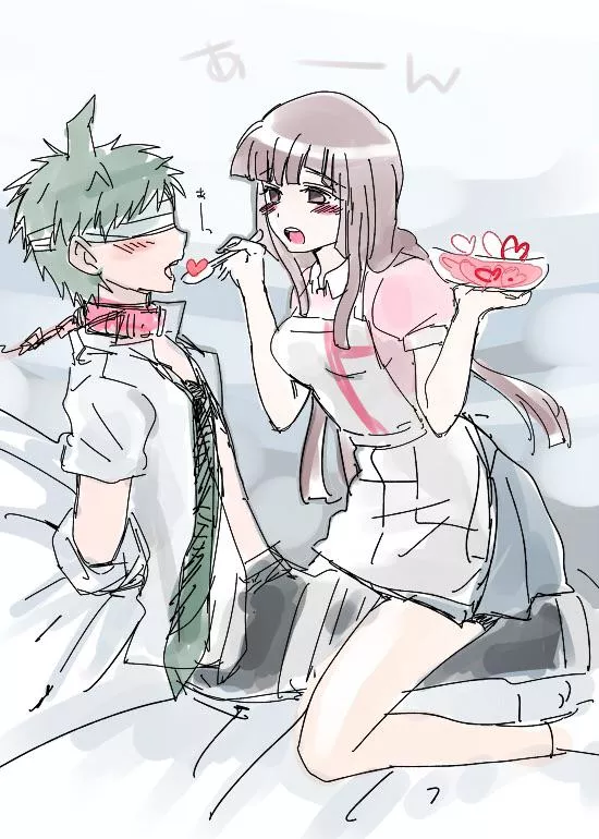 Mikan feeding a tied-up Hinata [Danganronpa]