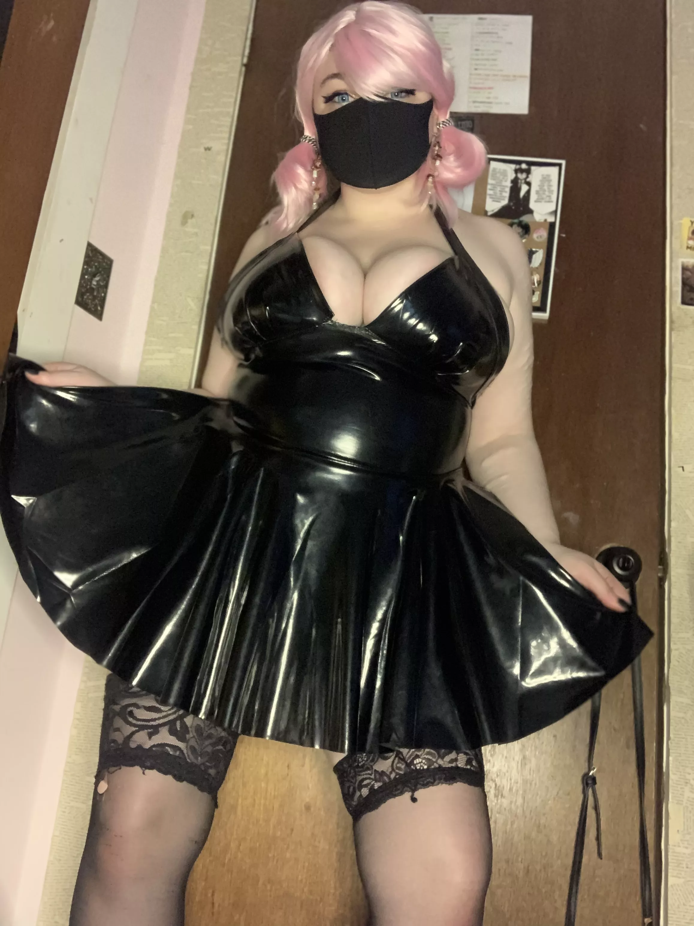 Mixing a latex dress with nylon thigh highs might be my new favorite combo