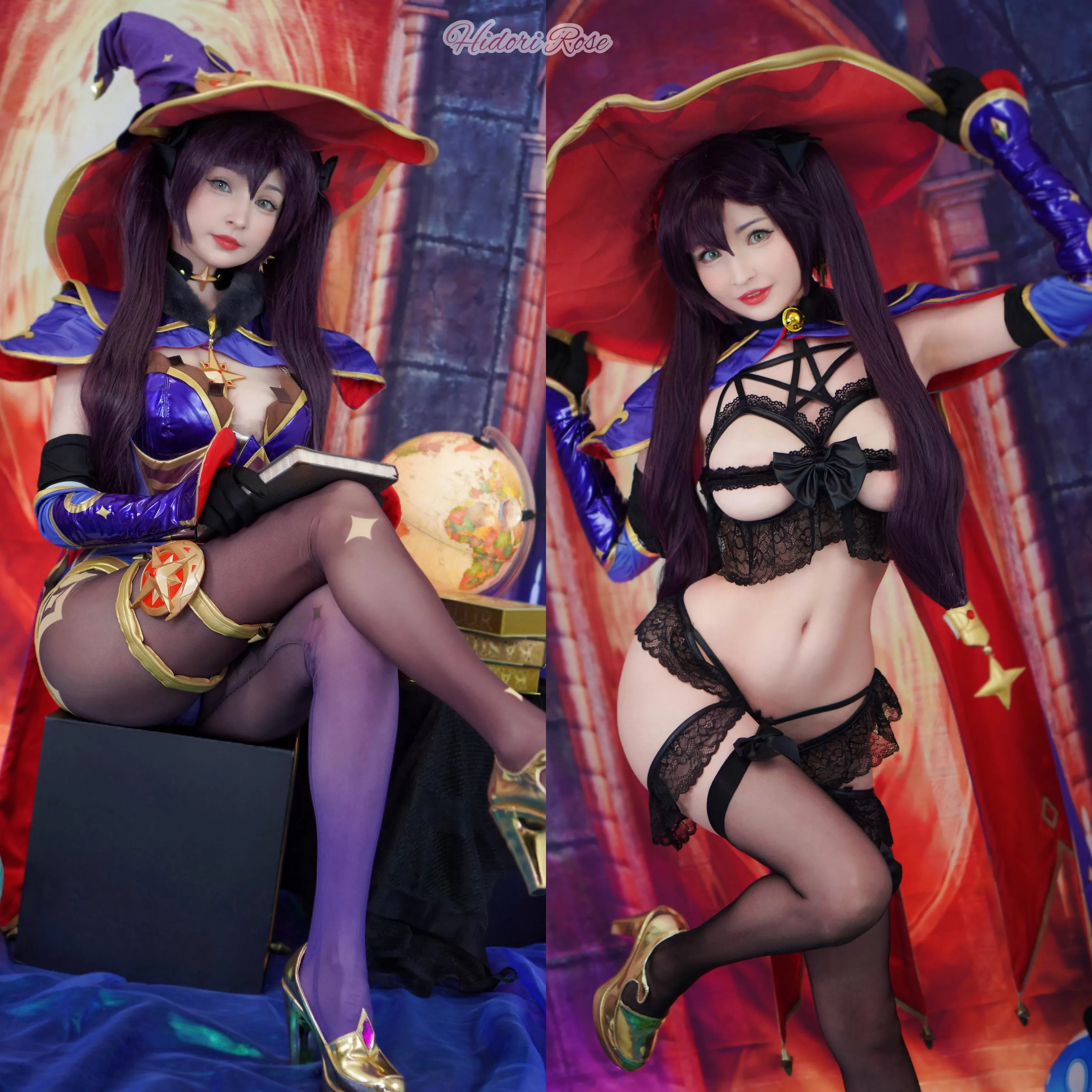 Mona cosplay , two versions by Hidori Rose (Genshin Impact)