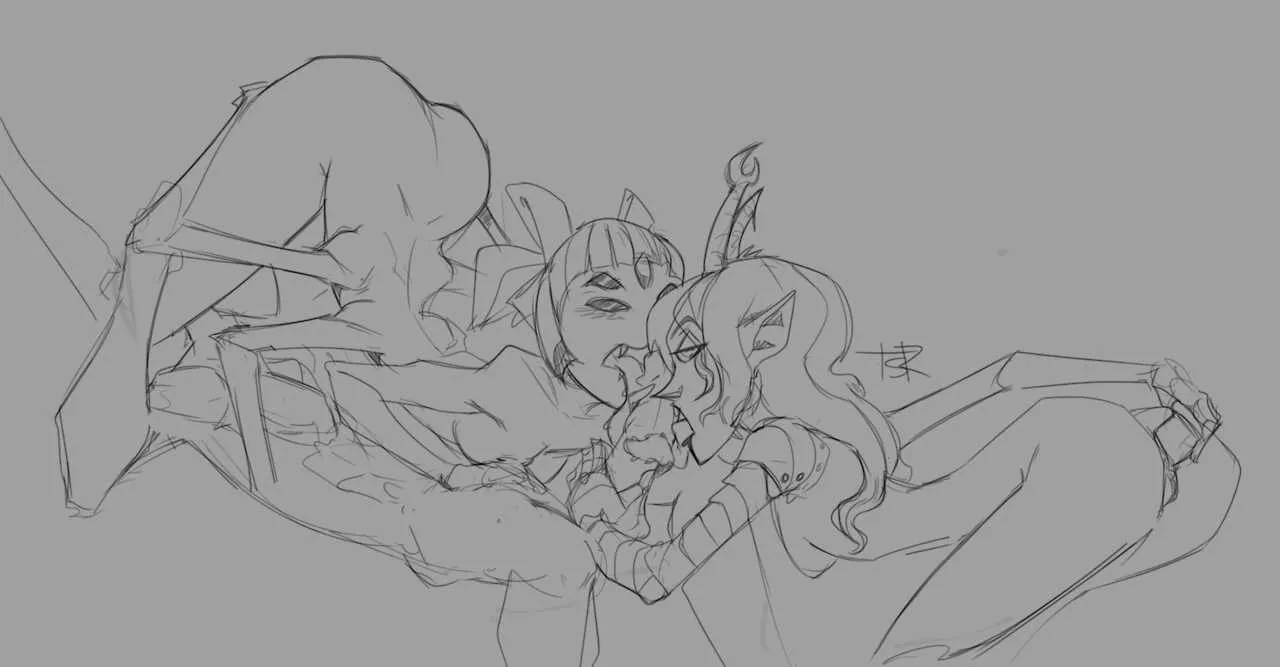 Muffet and Vriska giving a double blowjob (LordOfGazelles)