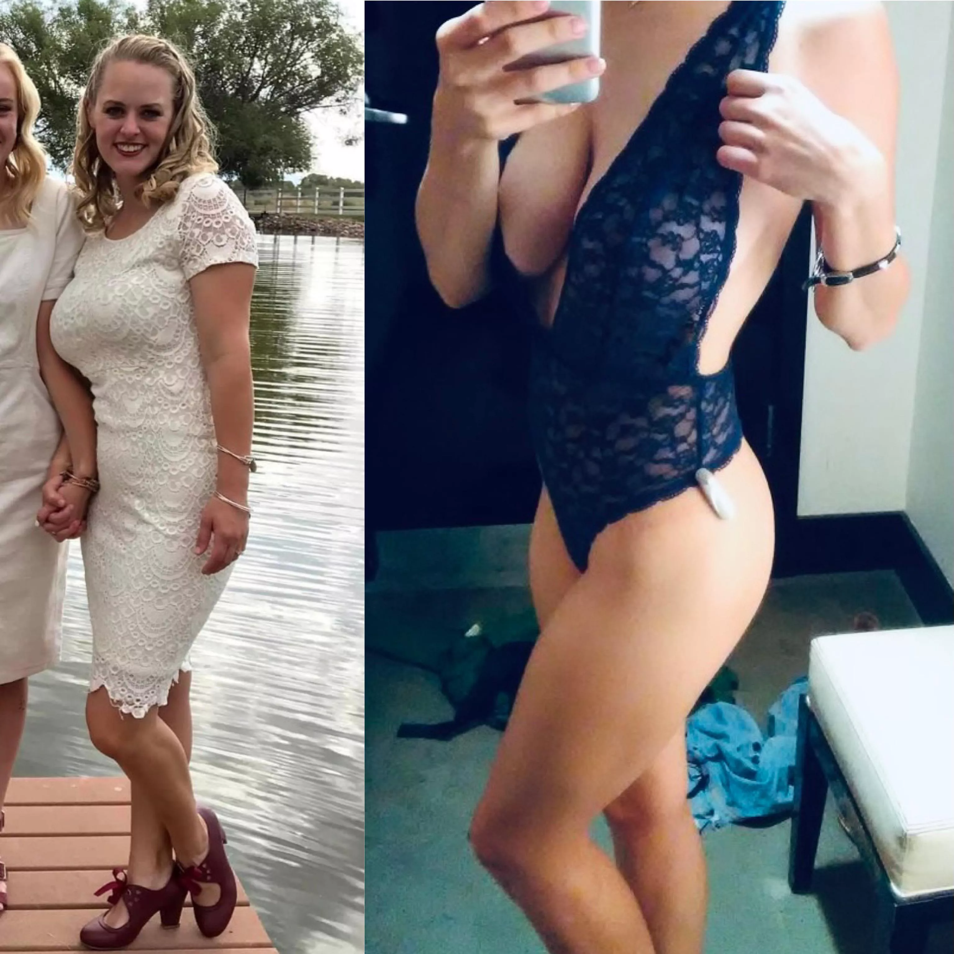 My 30yo milf wife. Left pic is her at family pics last year. Right pic is her in Lingerie she sent to me and I bet some other dudes. What do you all think of her?