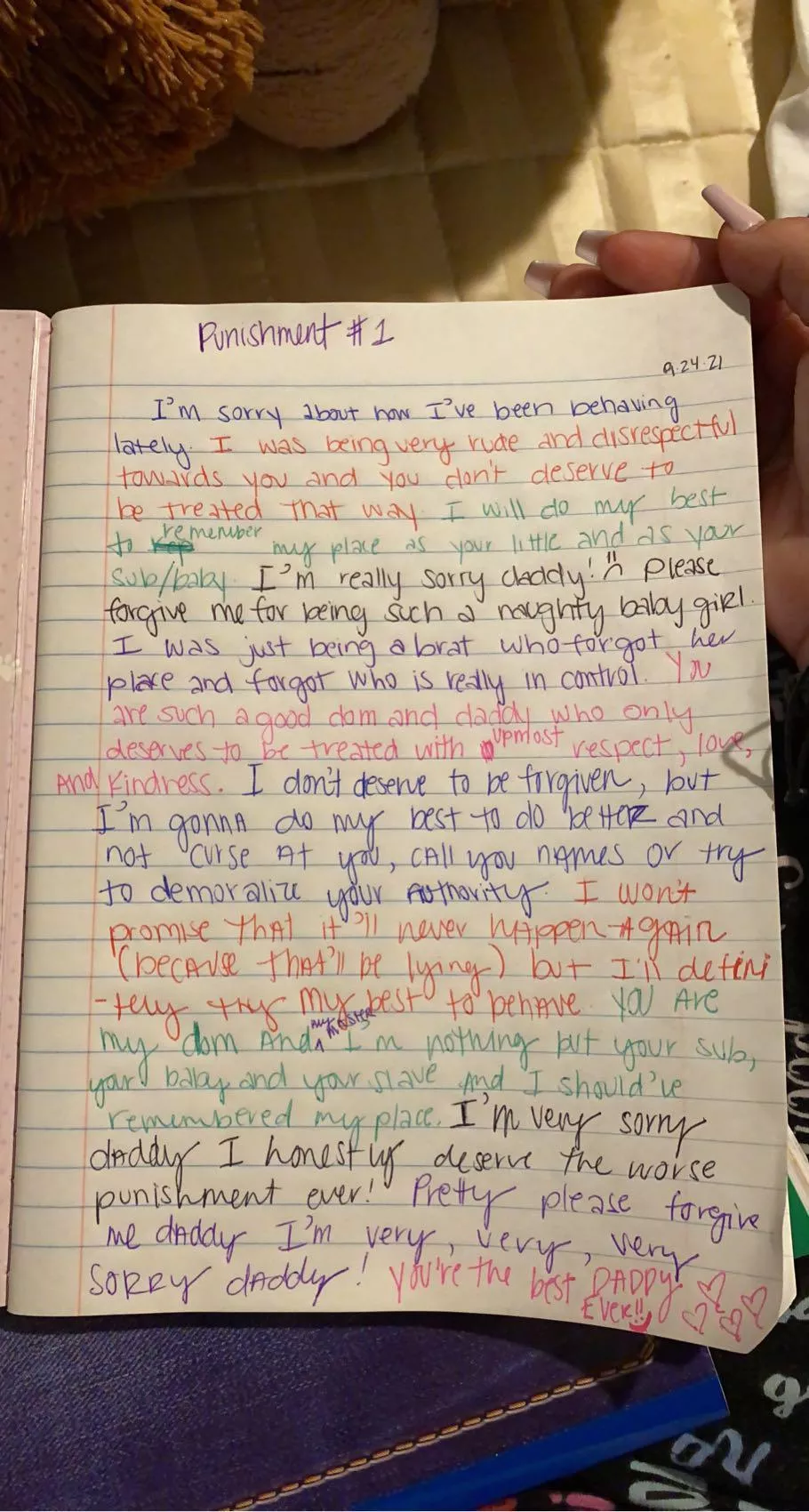 My baby had been bad lately and very misbehaving, so I gave her her first ever written essay. It was just supposed to be an apology but she saw it as punishment and after reading this my heart skipped a beat~ðŸ’• She is ðŸŒŸ forgiven ðŸŒŸ