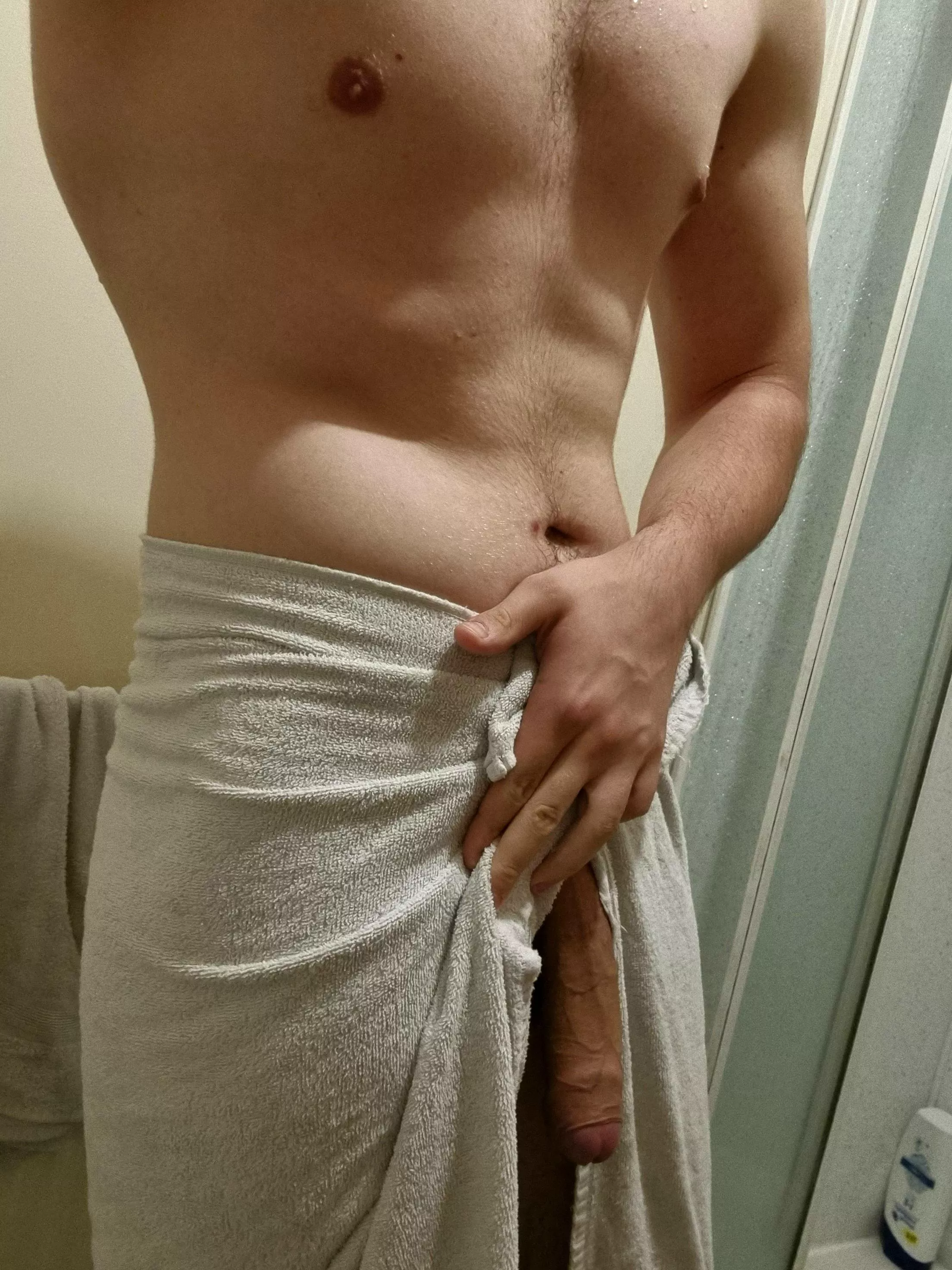 My big uncut semi slipping out after a shower ;)