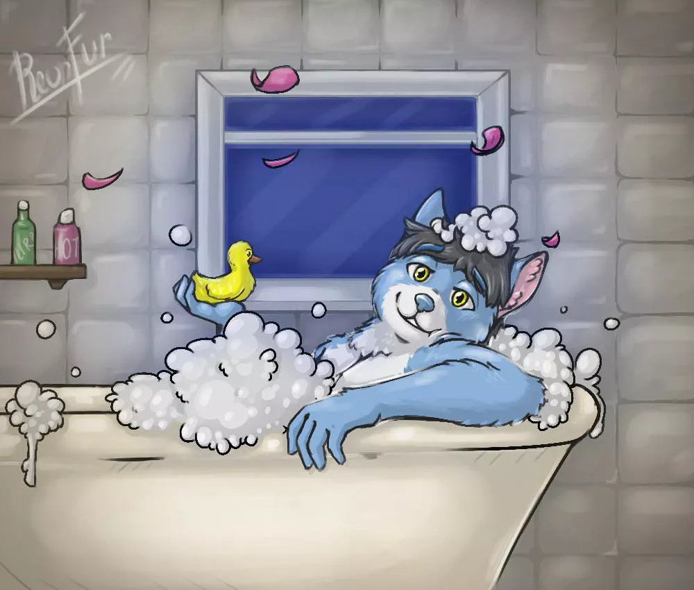 My fursona Sparky chillin’ in the tub | art by ReonFur