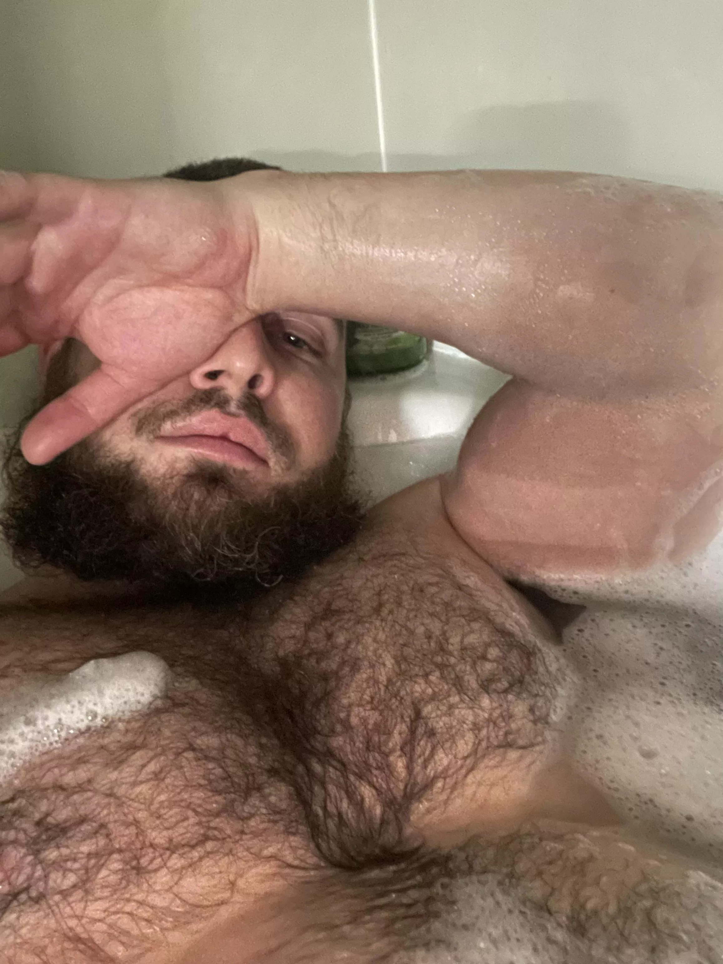 My hairy chest in the bubble bath