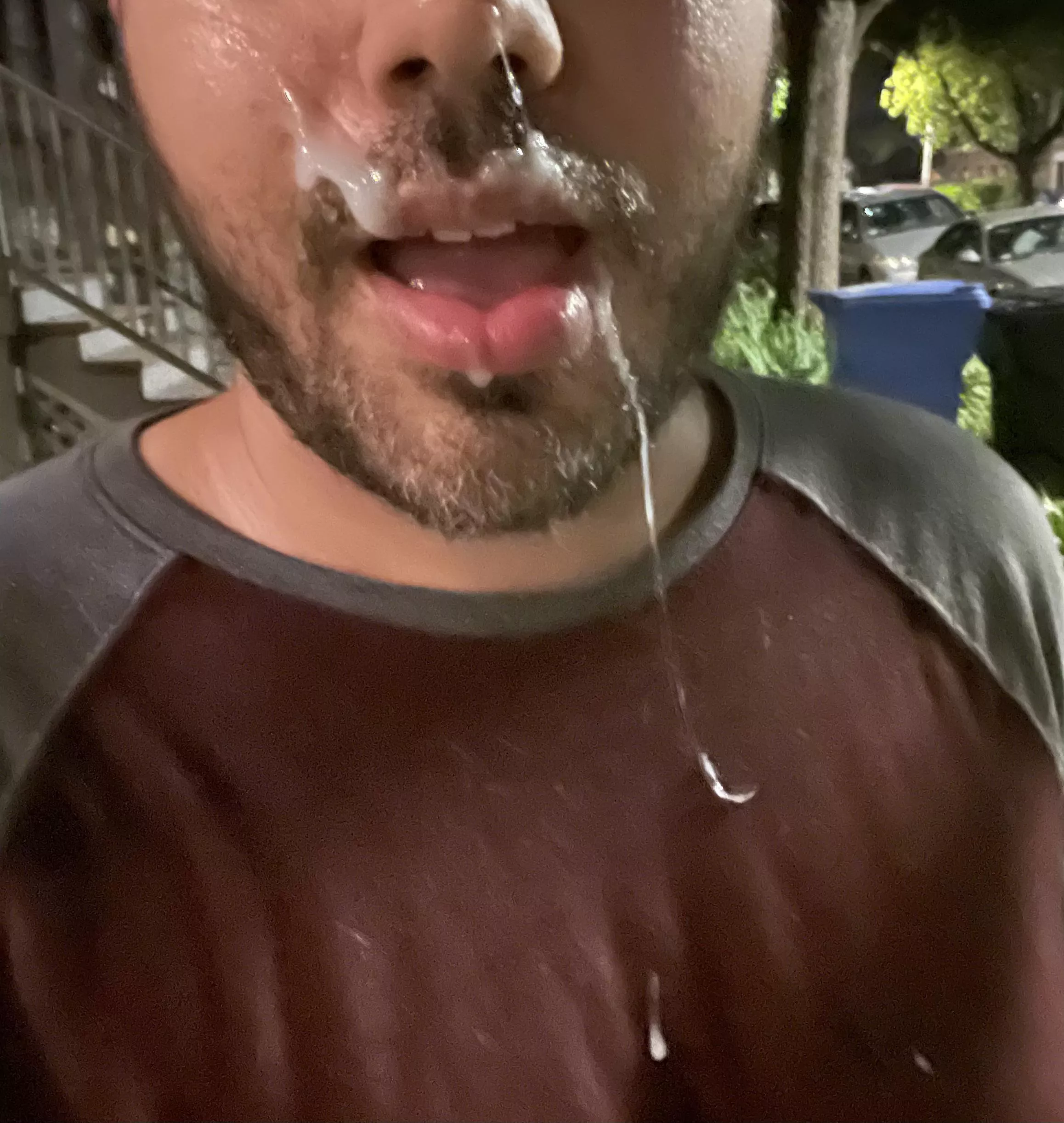 My new friend from the park blew his load on me in an alleyway. Walked around the neighborhood until I licked up every drop