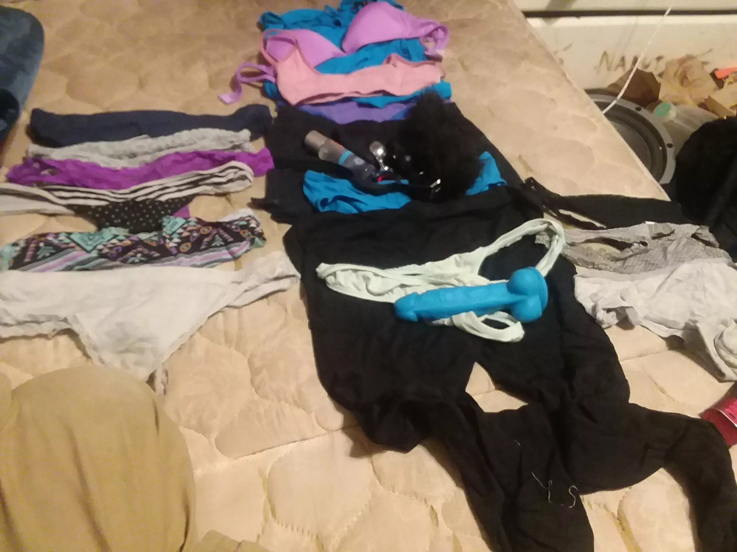 My small collection left side, friends wife's panties middle different friends petite sister and her toys, another friends older sisters panties