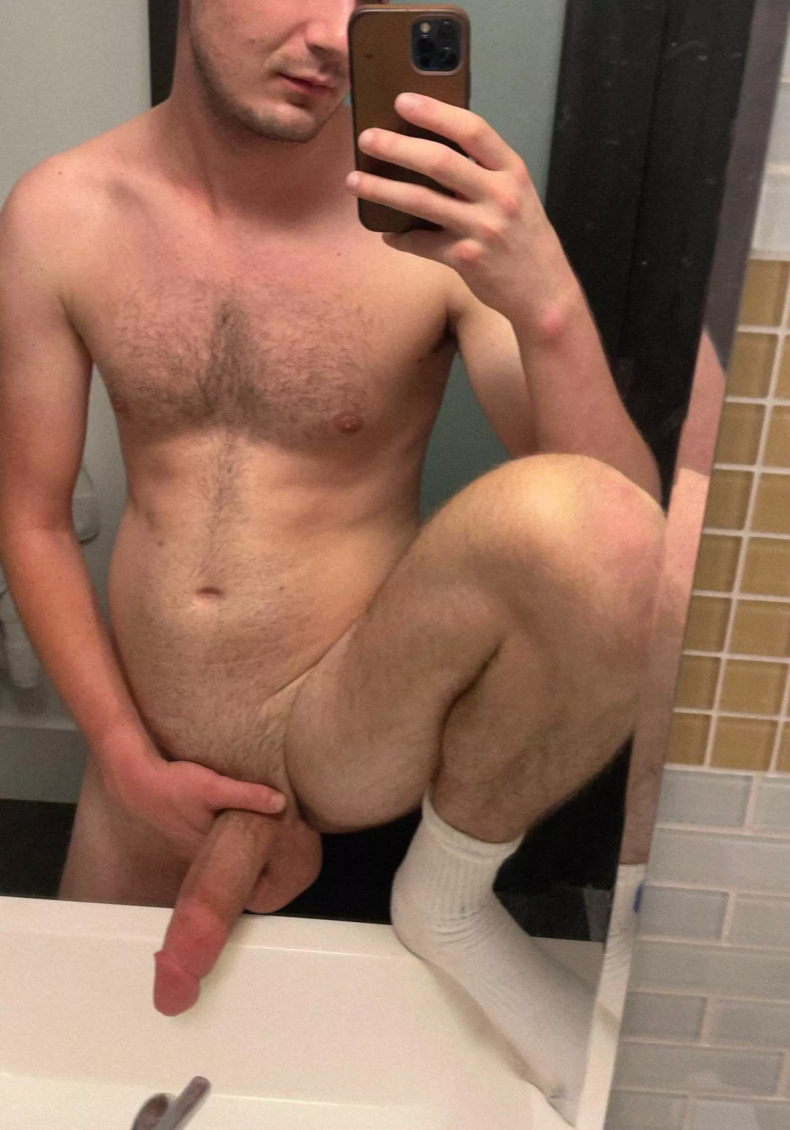 My soft cock hanging low in the sink