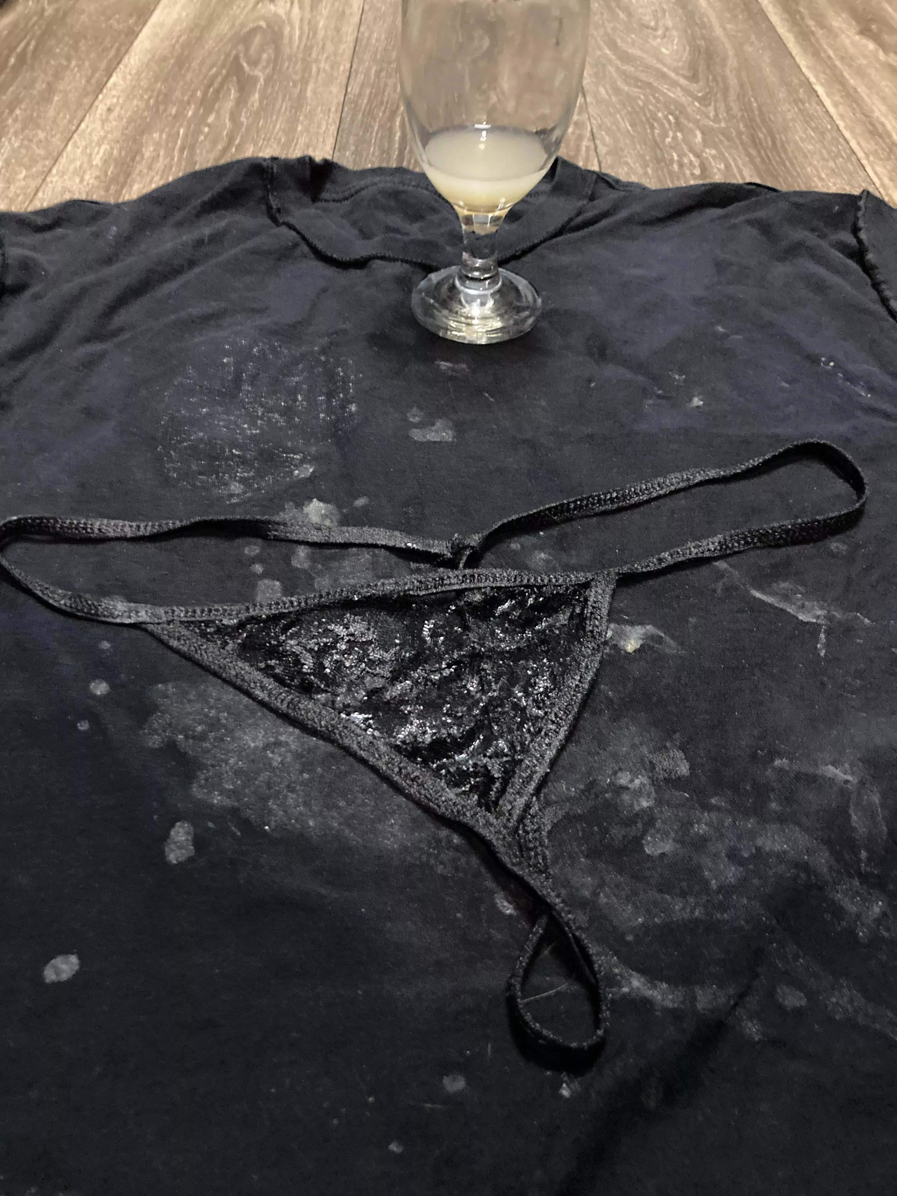 My wifeâ€™s black thong panties literally soaked in my cum