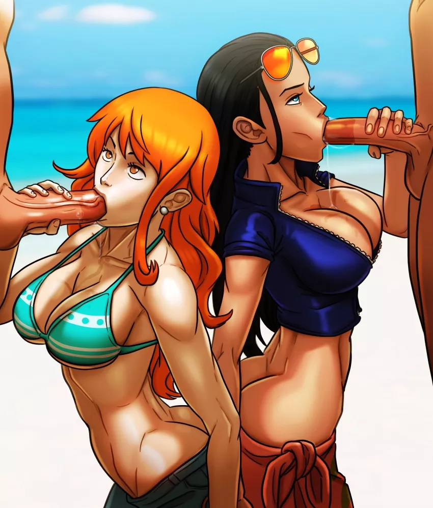 Nami and Robin sucking dick and staring with their eyes