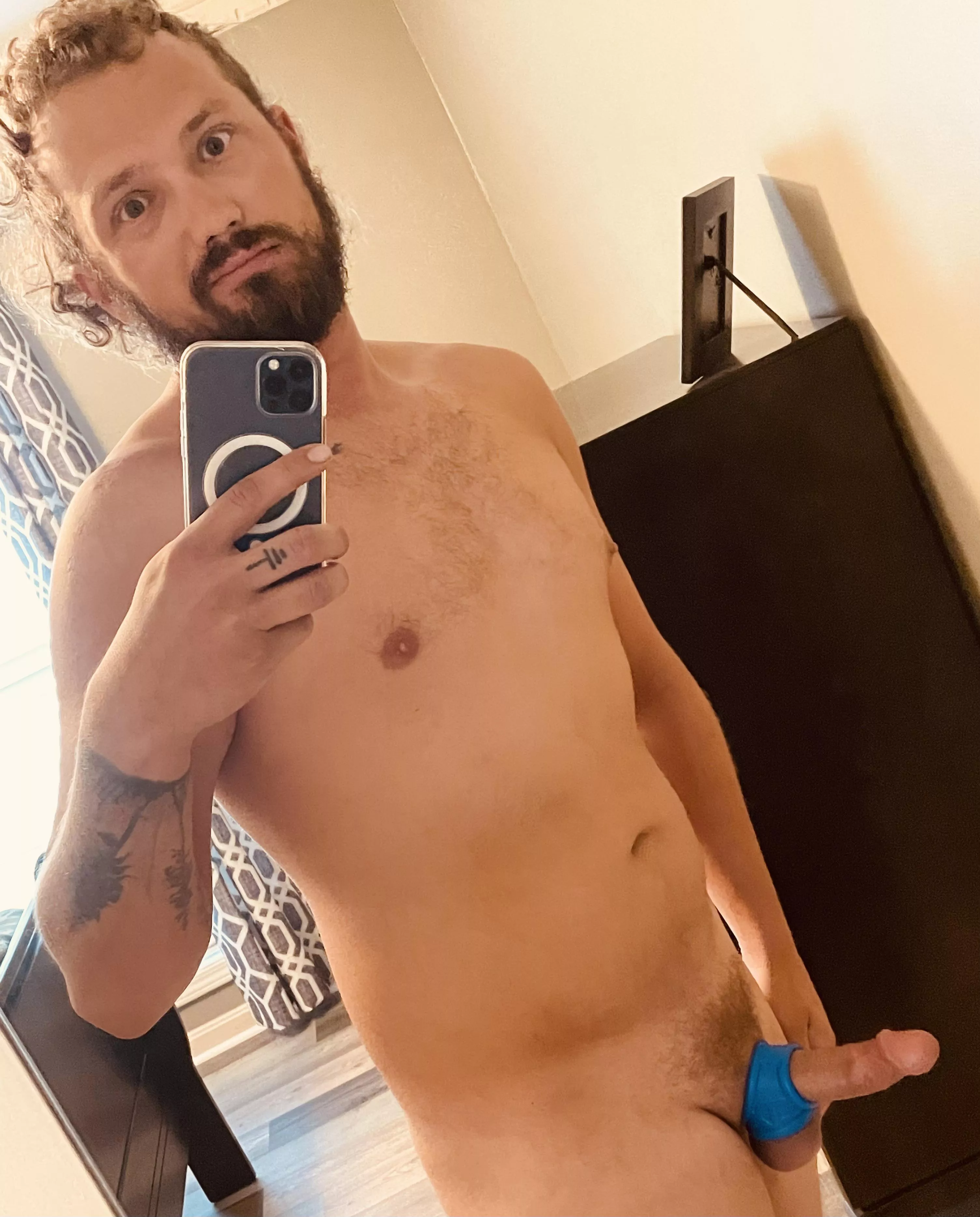 New cock ring and bed head hair.