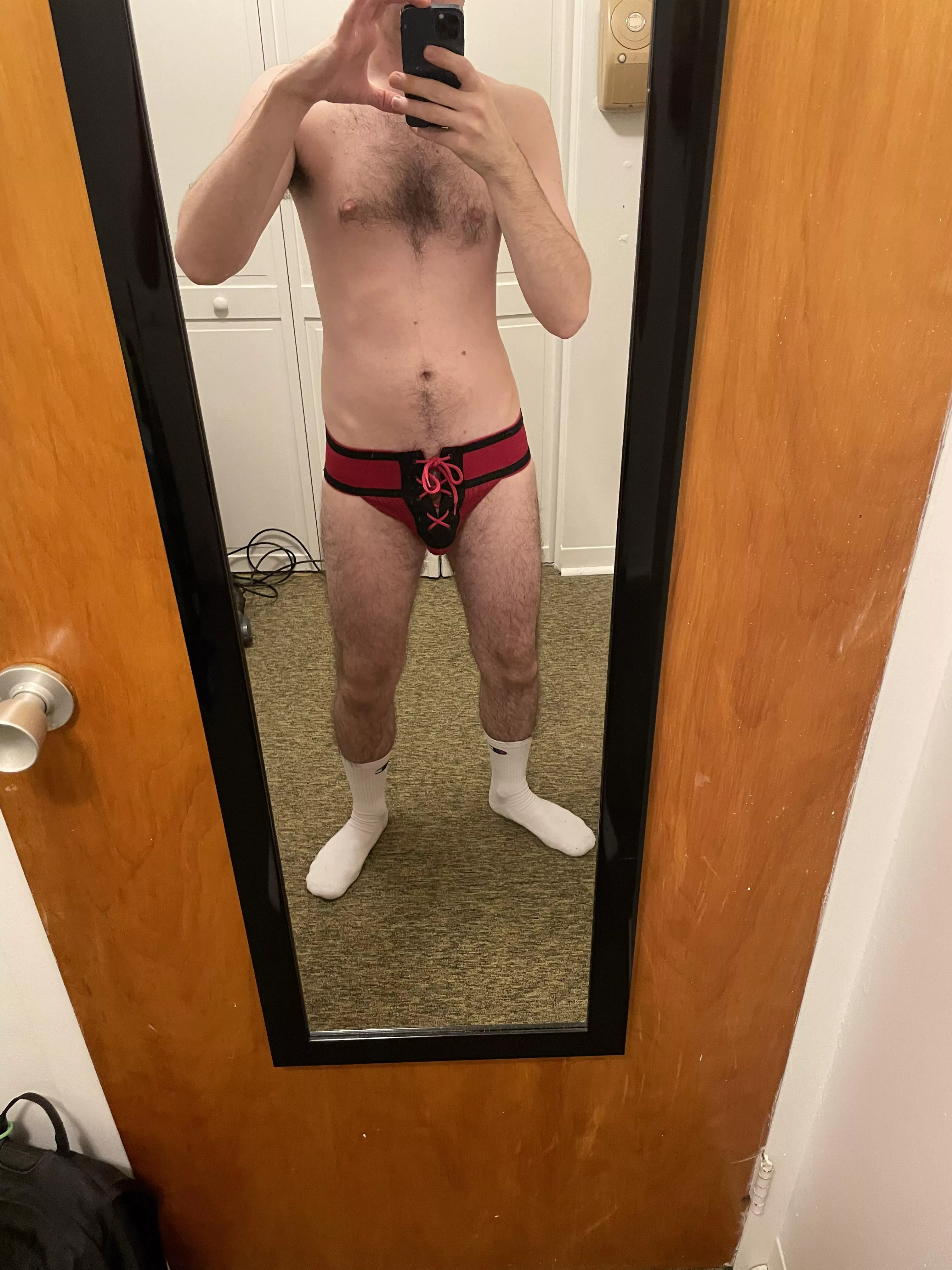 new jockstrap. who is coming to unlace it and suck me off