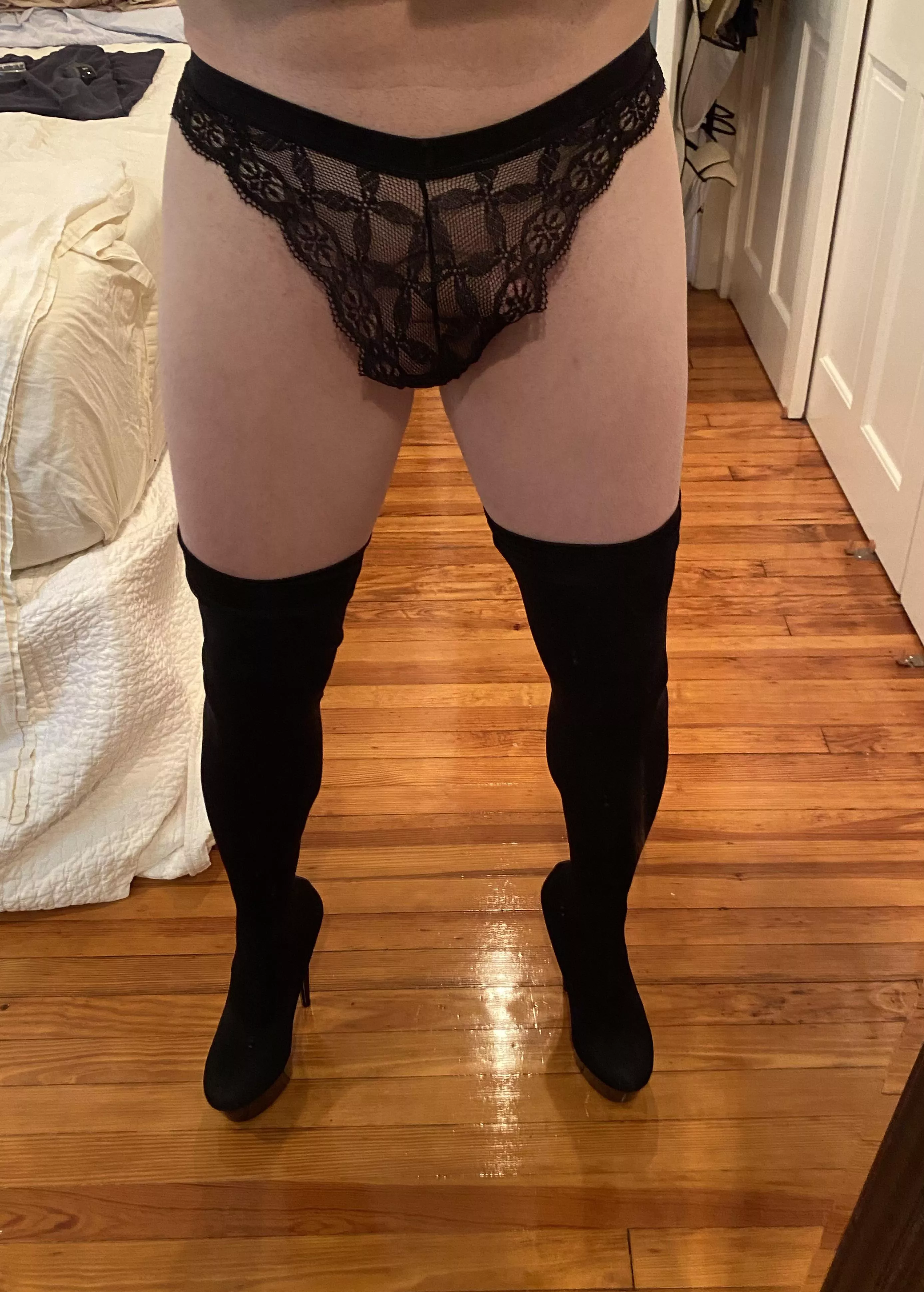 New panties and thigh hi shoe boots.