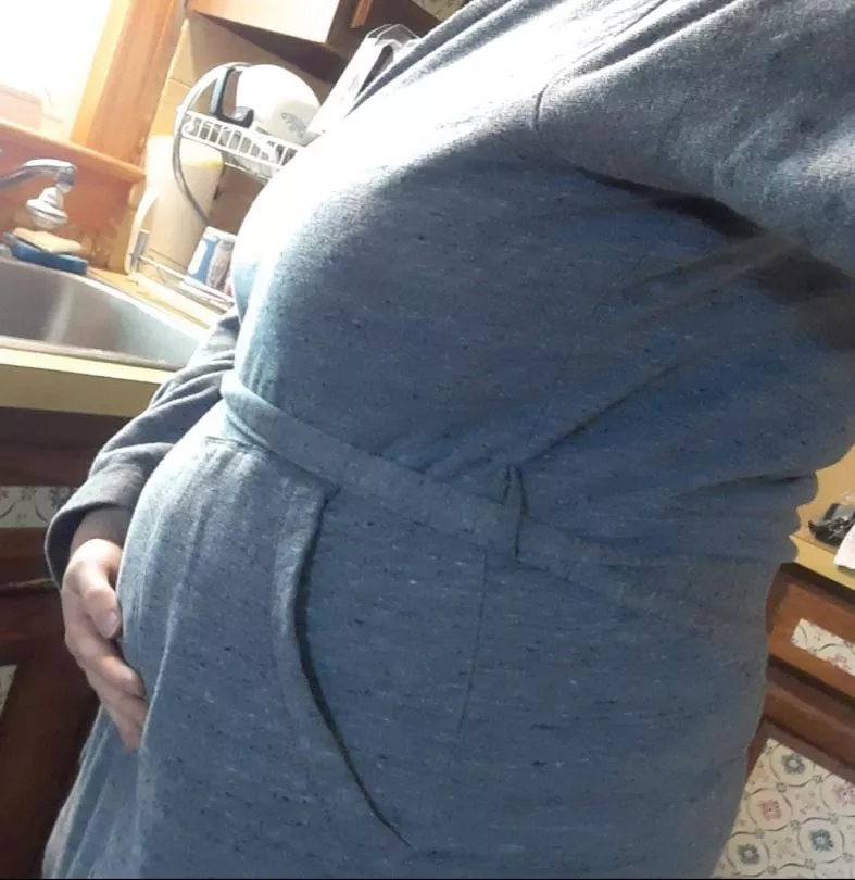 Nothing under the robe other than a very full belly! Feeling and looking pregnant with a food baby is a very fun kink.