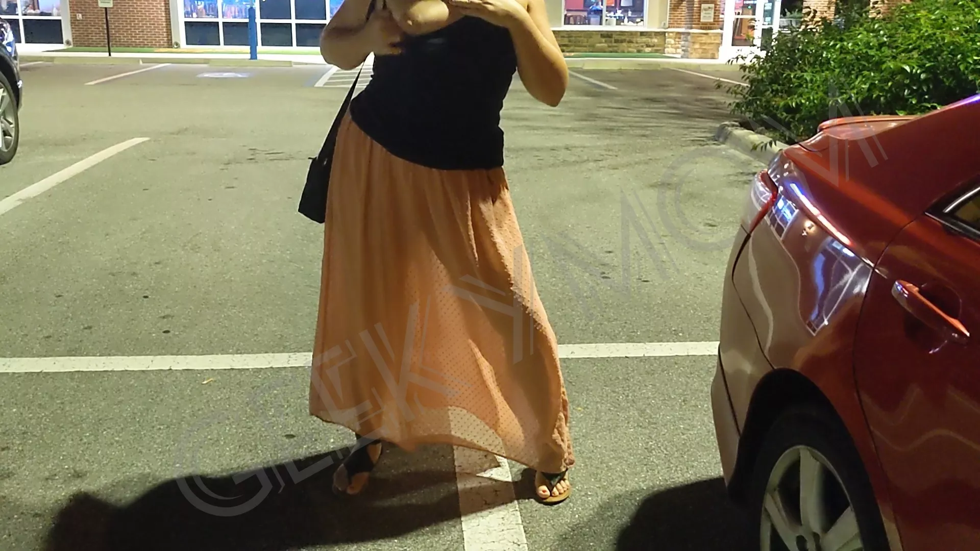 Outside the restaurant in a sheer skirt (f)