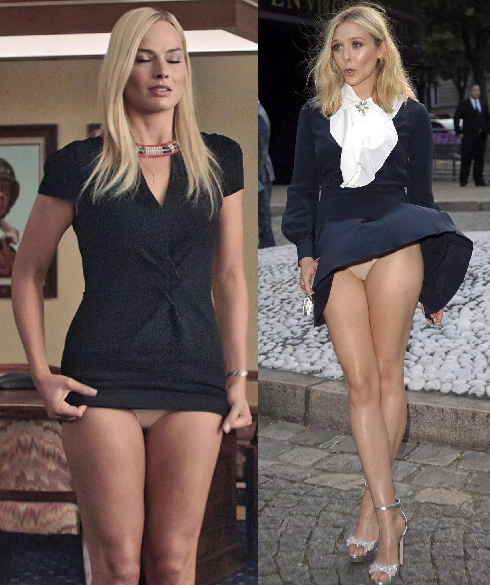 Panties peek: Margot Robbie or Elizabeth Olsen?