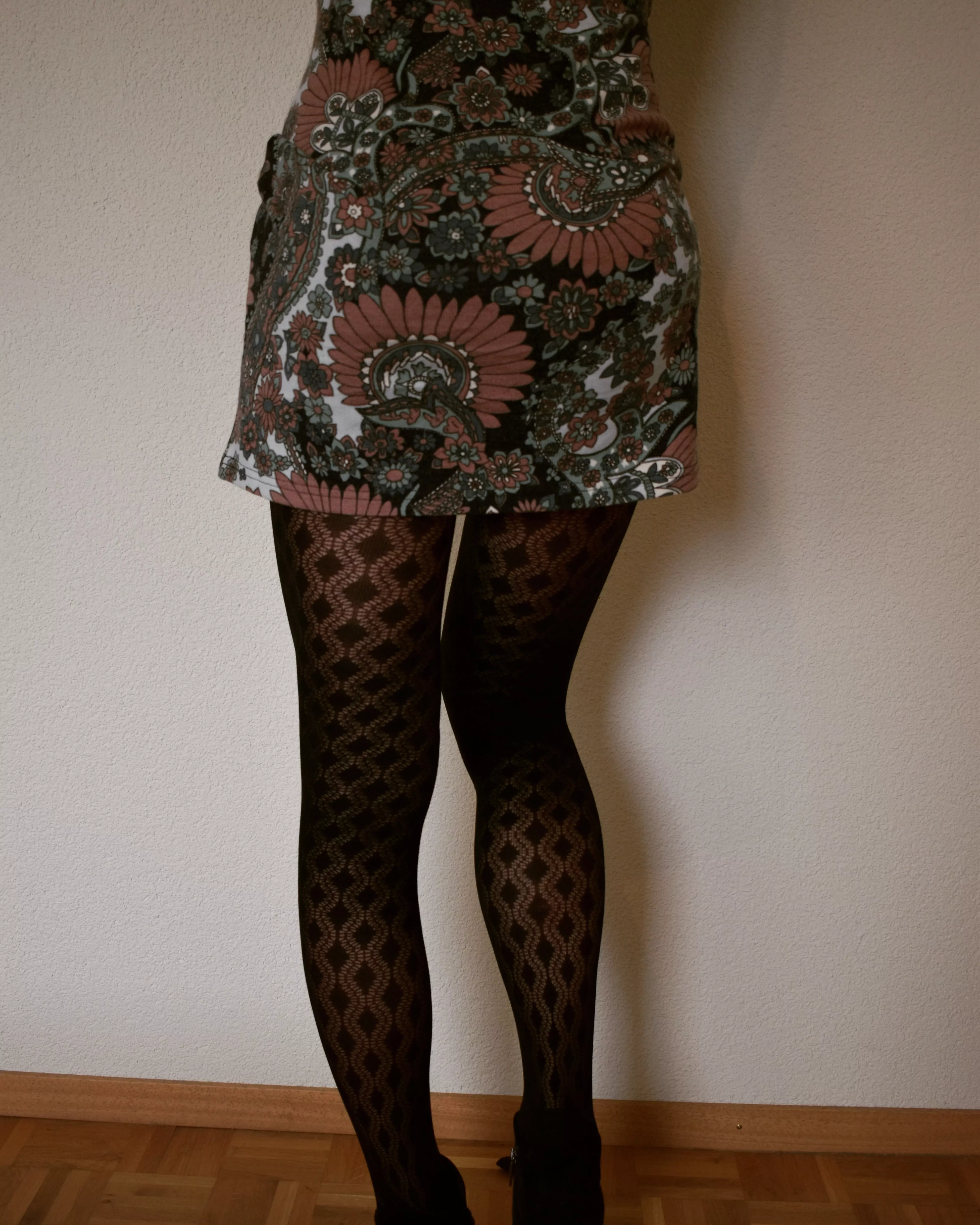 Patterned tights and vintage dress