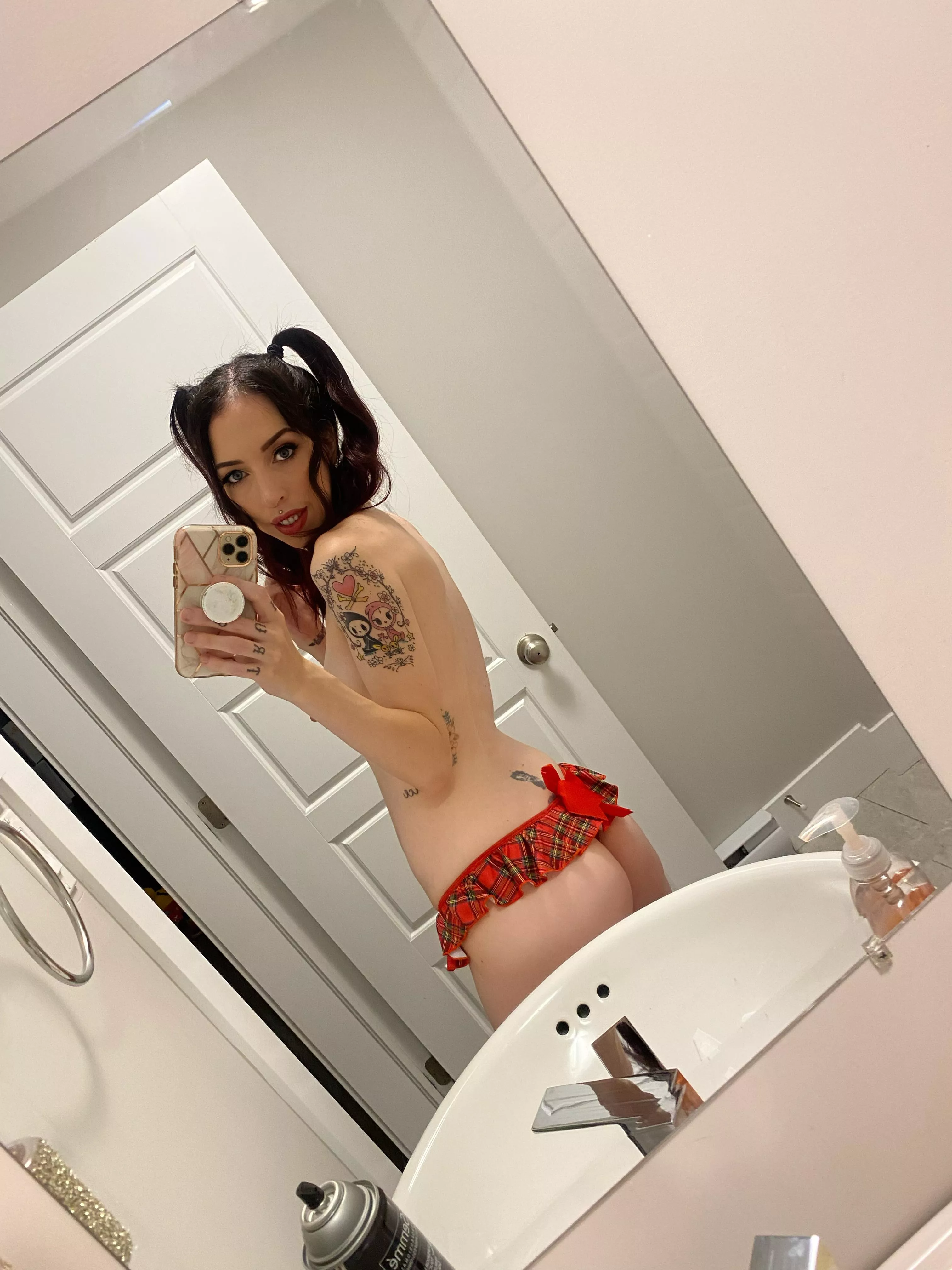 people think i'm an innocent shy girl. 😇 $3.50 sale on my page. 🔥 come watch me dress up as a school girl, show my tits, & suck cock. 🥵 link in comments.