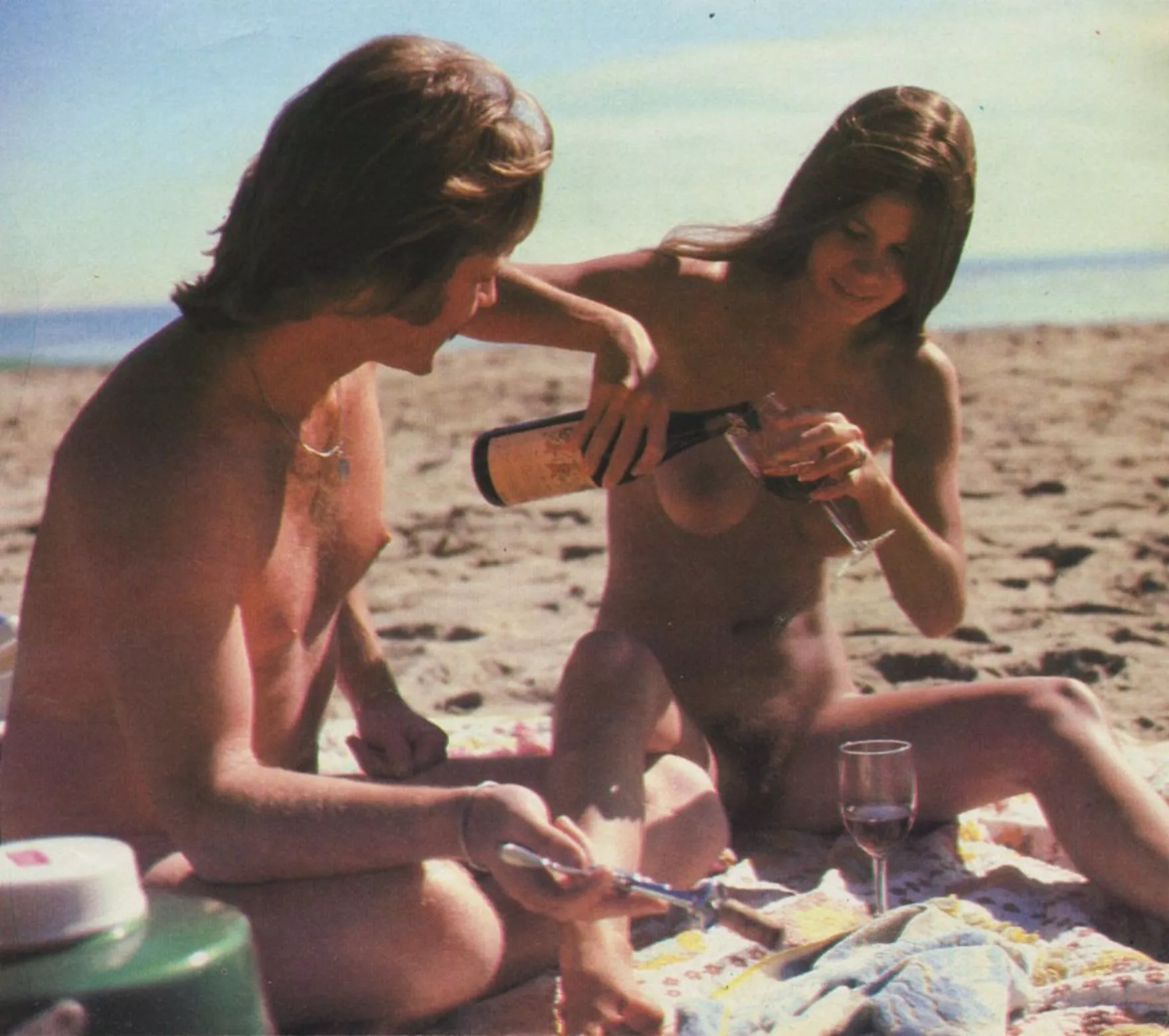 Picnic on the beach with wine (H&E International Summer 1980)