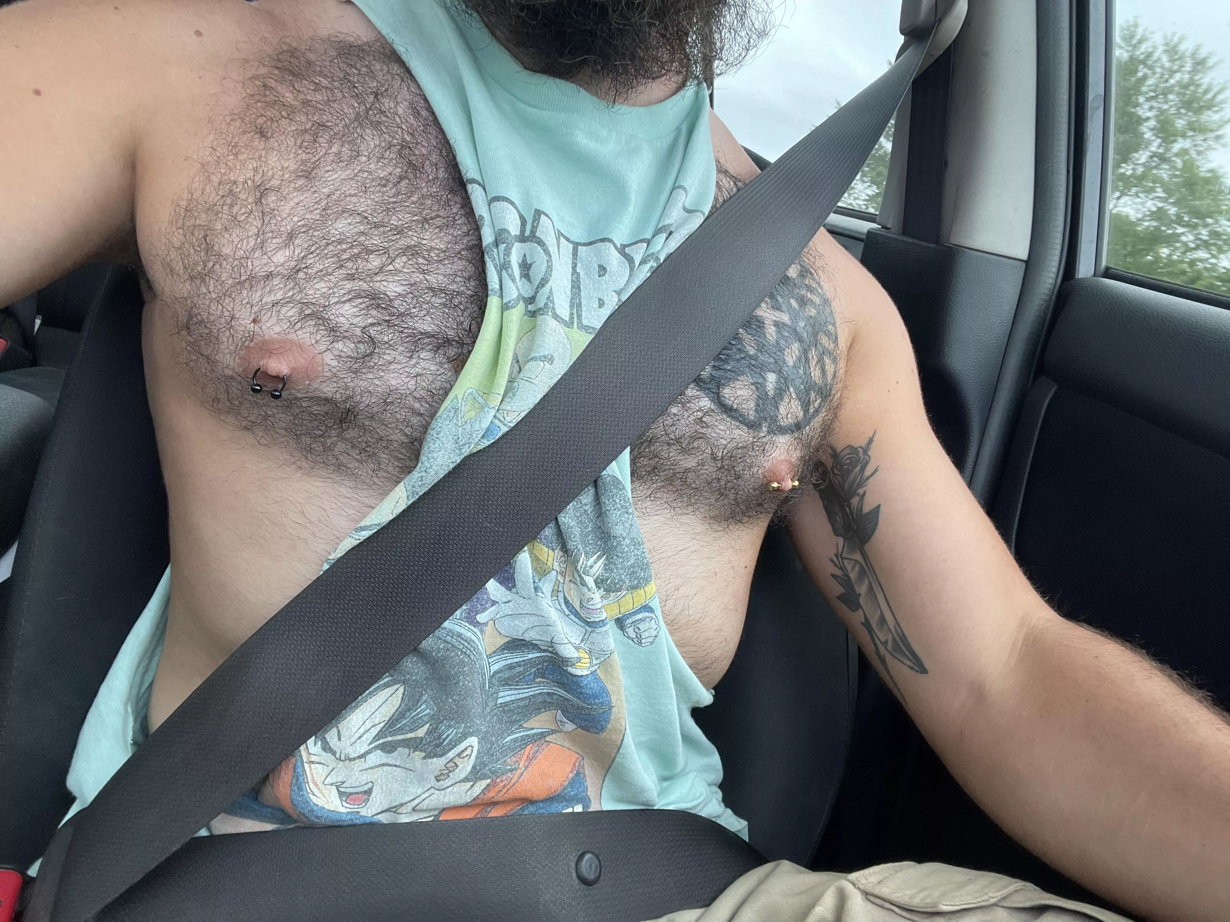 Pierced nips and a cool breeze on a rainy drive home.