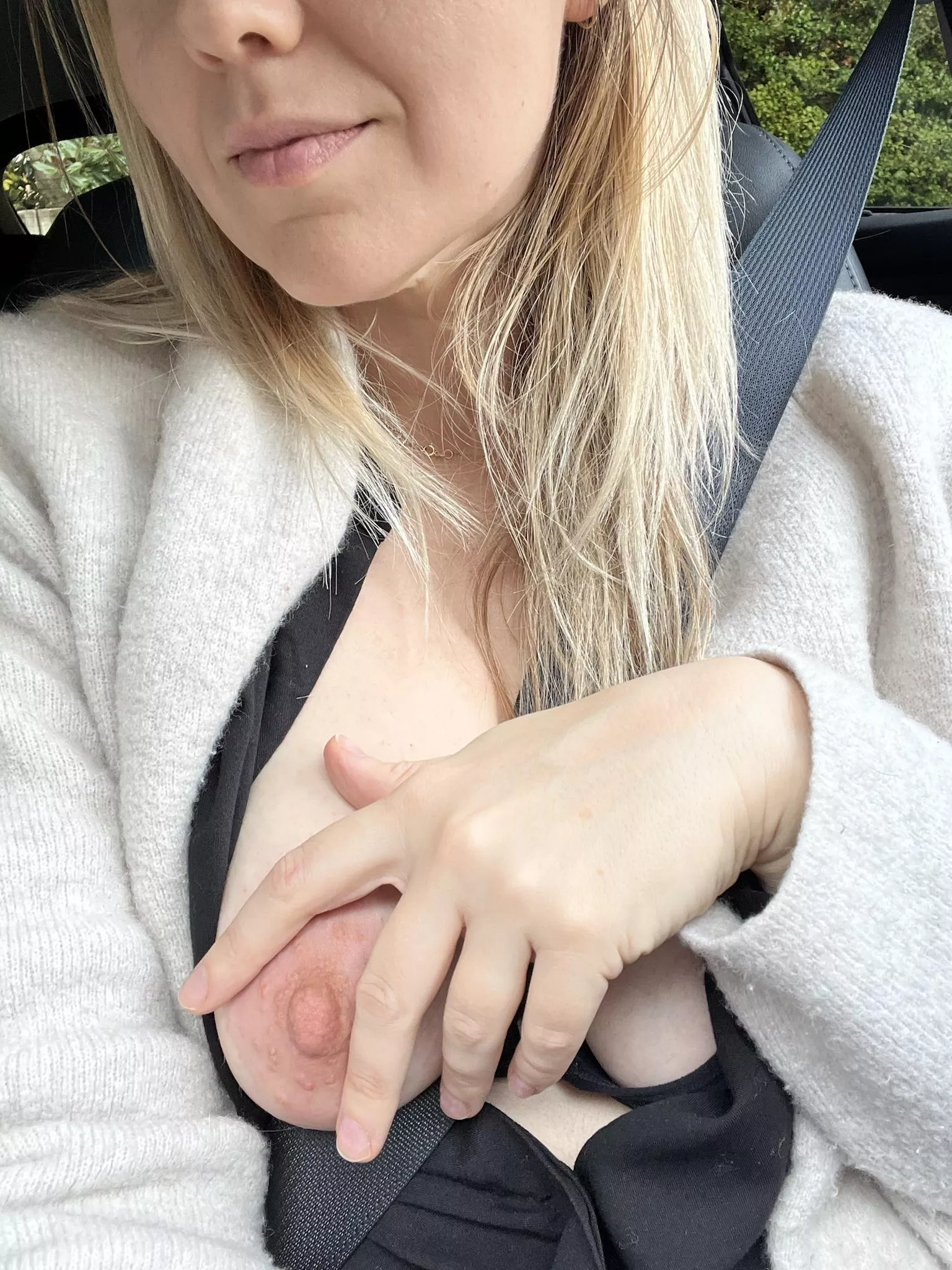 Play with my huge nipples while I drive