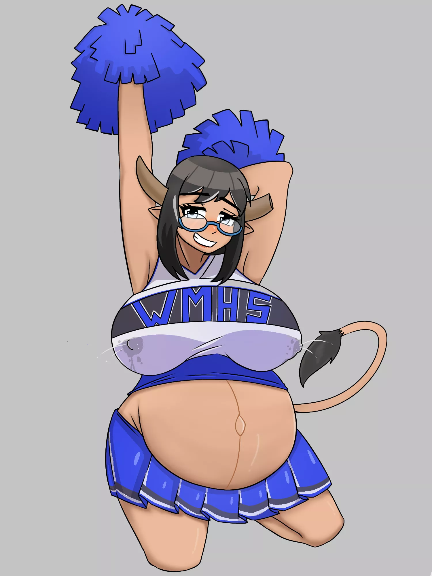 Preggo minotaur in her old cheerleader outfit (Artist is TribalToe from Discord)