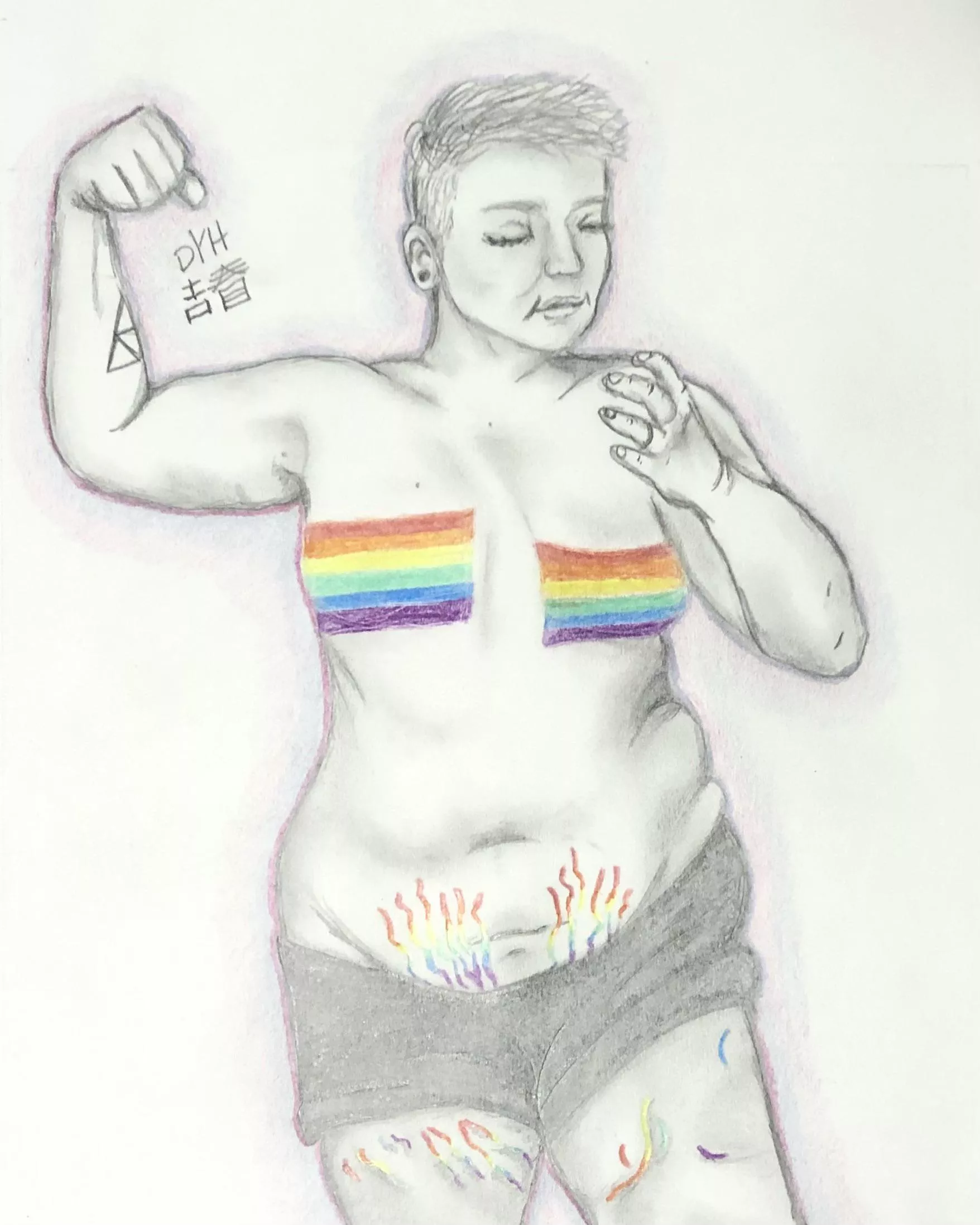 Recent piece I did for an enby wanting to commemorate their changing body on HRT and new stretch marks ❤️🧡💛💚💙💜