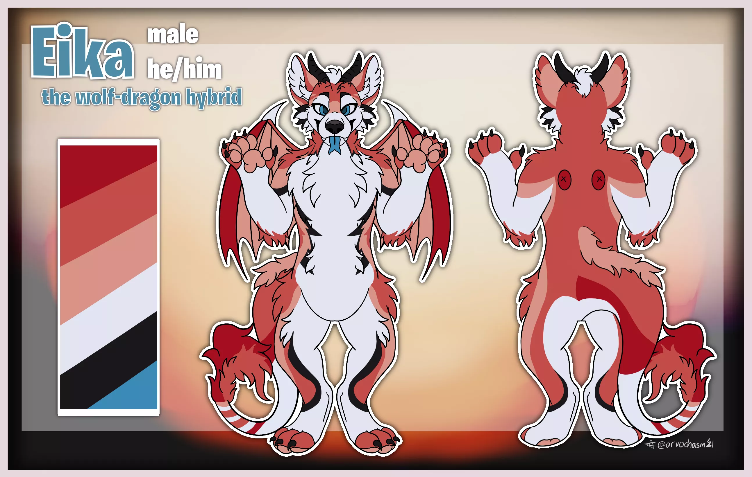 Reference sheet of my fursona (art by @arvochasm on twitter)