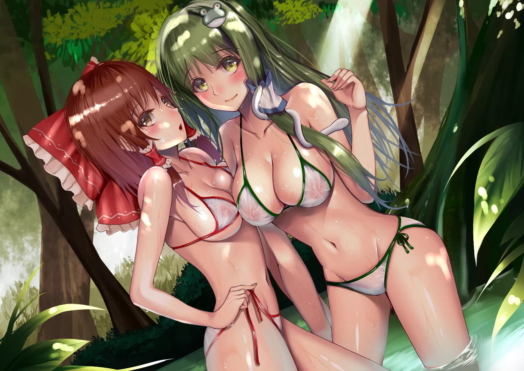 Reimu and Sanae take a swim at a pond