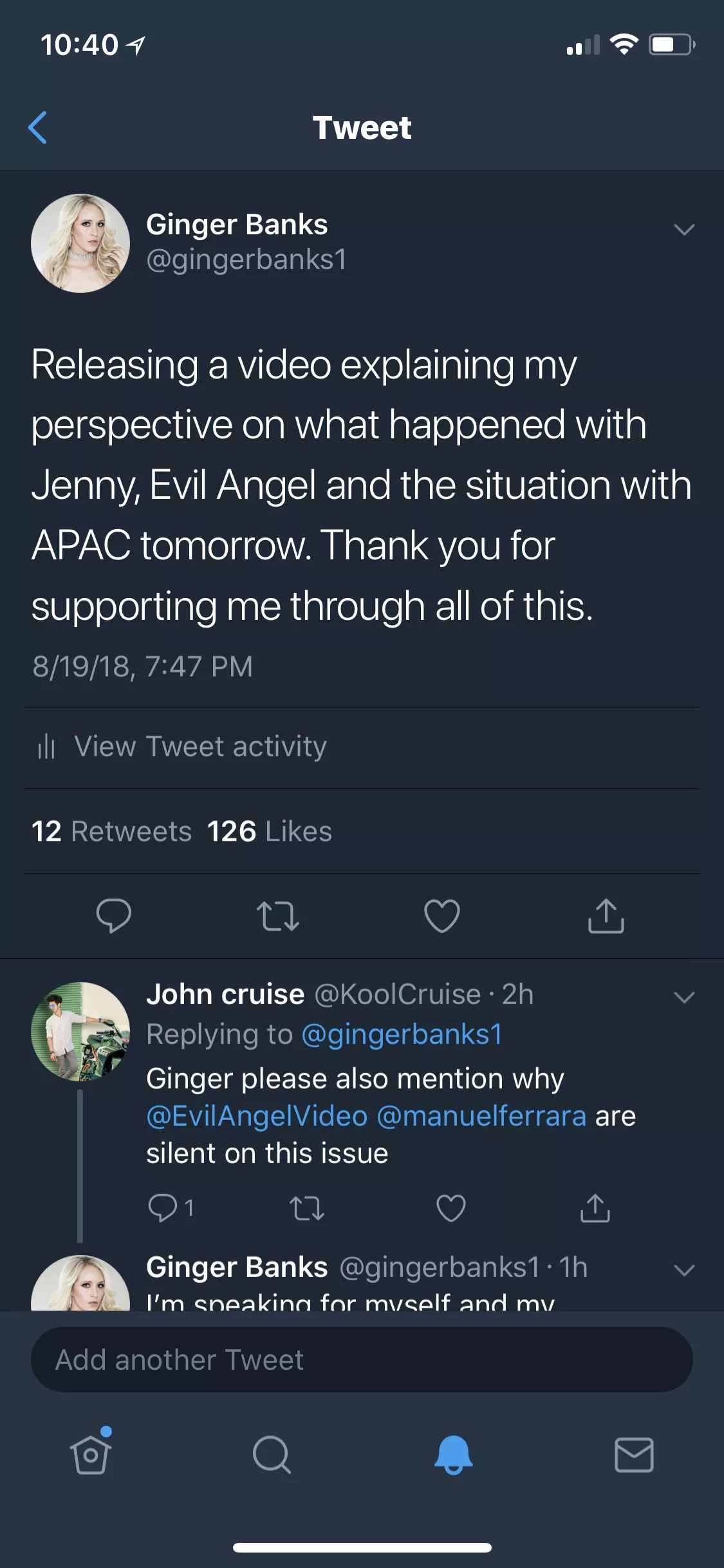 Releasing video tomorrow discussing what happened with Evil Angel and Jenny during filming.