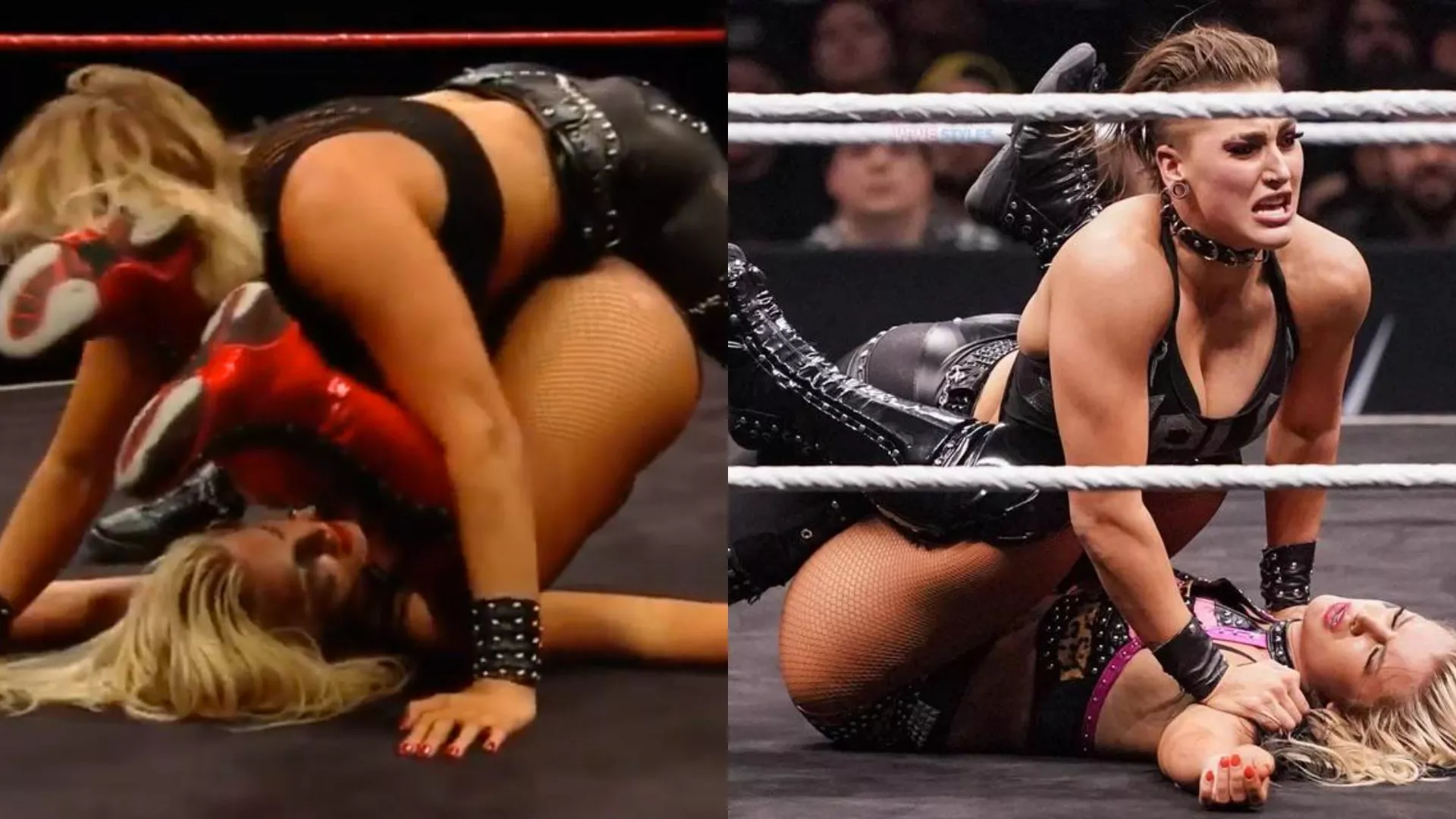 Rhea with the Ultimate Surrender pin to Toni Storm