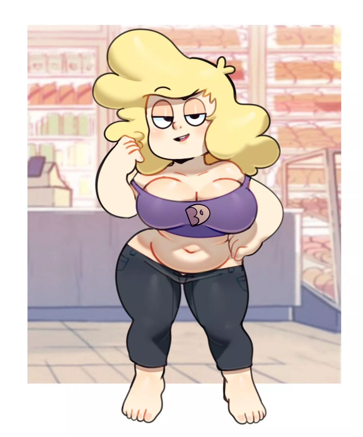 Sadie, trying on a more revealing work outfit (art by ScrubForWork)