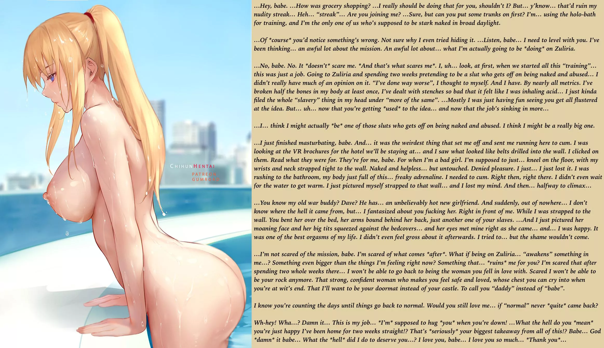 Samus comes clean to her stay-at-home-husband about how her newly-awakened kinks [Married] [Femsub] [CMNF] [Convoluted Narrative] [Talking About Sexual Fantasies] [Bondage] [Cuckquean] [Wholesome Ending] [Story Part 4]