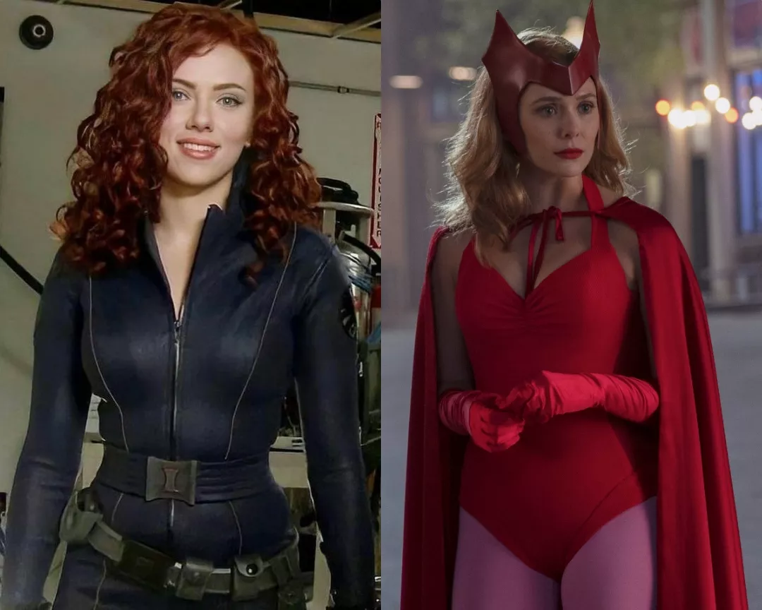 Scarlett Johansson and Elizabeth Olsen ready to tease at the Halloween party