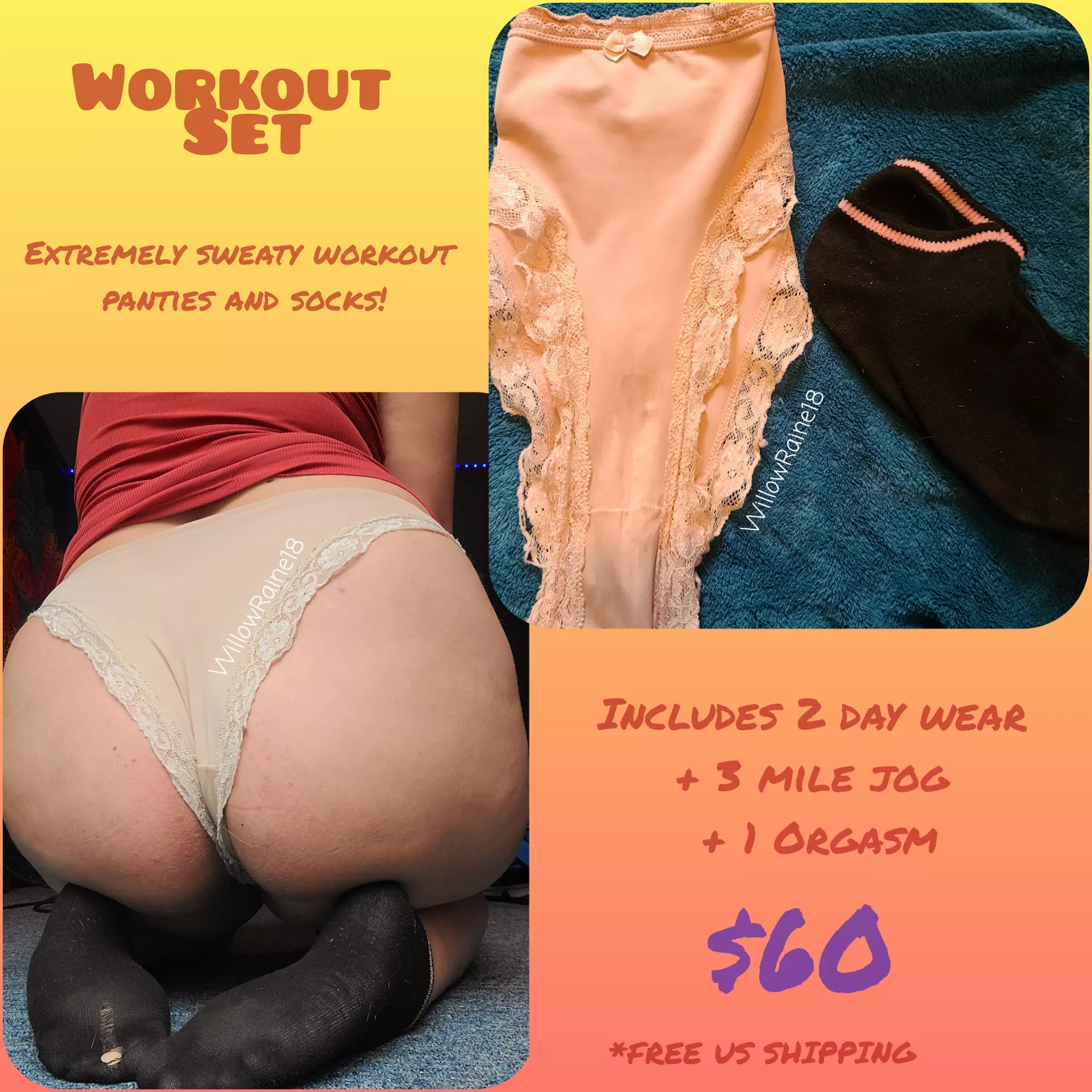 [SELLING] I got SUPER sweaty at the gym today! Get this 2-Day-Wear Panty/Sock set from my workout for only $60! ðŸ’¦ Includes FREE US shipping! [KIK] willow.raine18 [PTY][SOCKS][US]