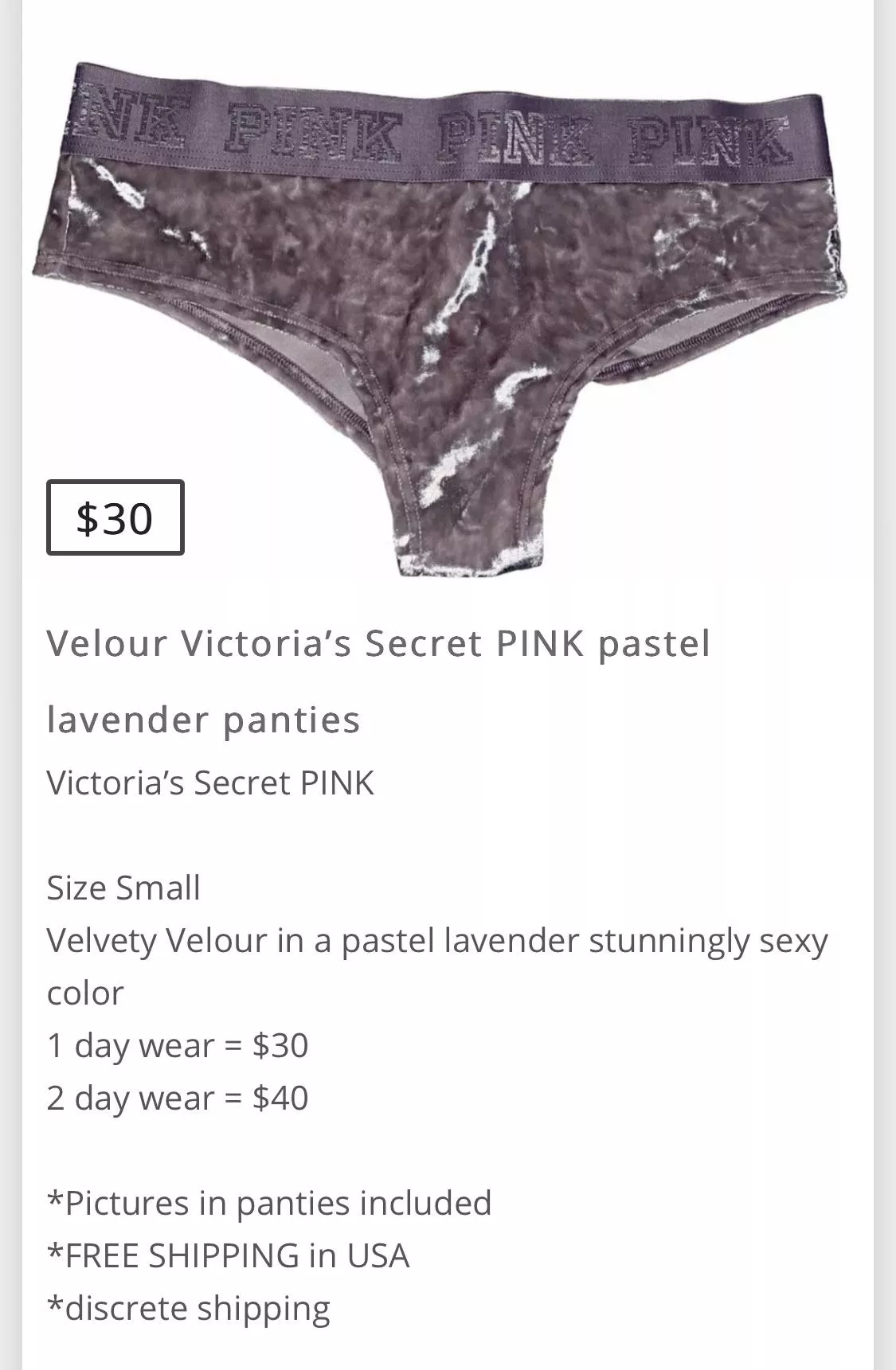 [selling] [panties] [USA] Velvet VS Pink Panties worn by a busy milf ! More options available!